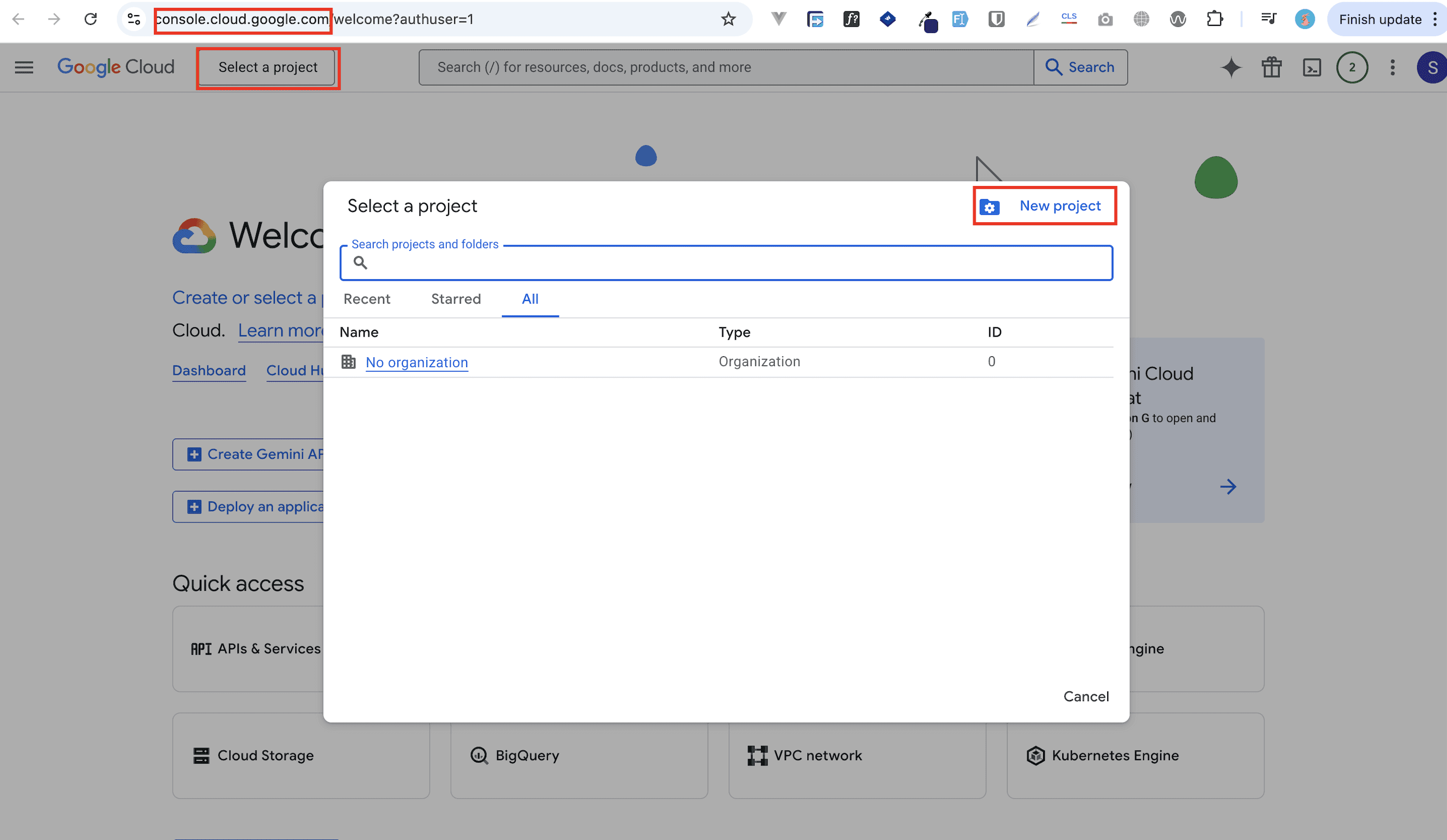 Open project picker → New project