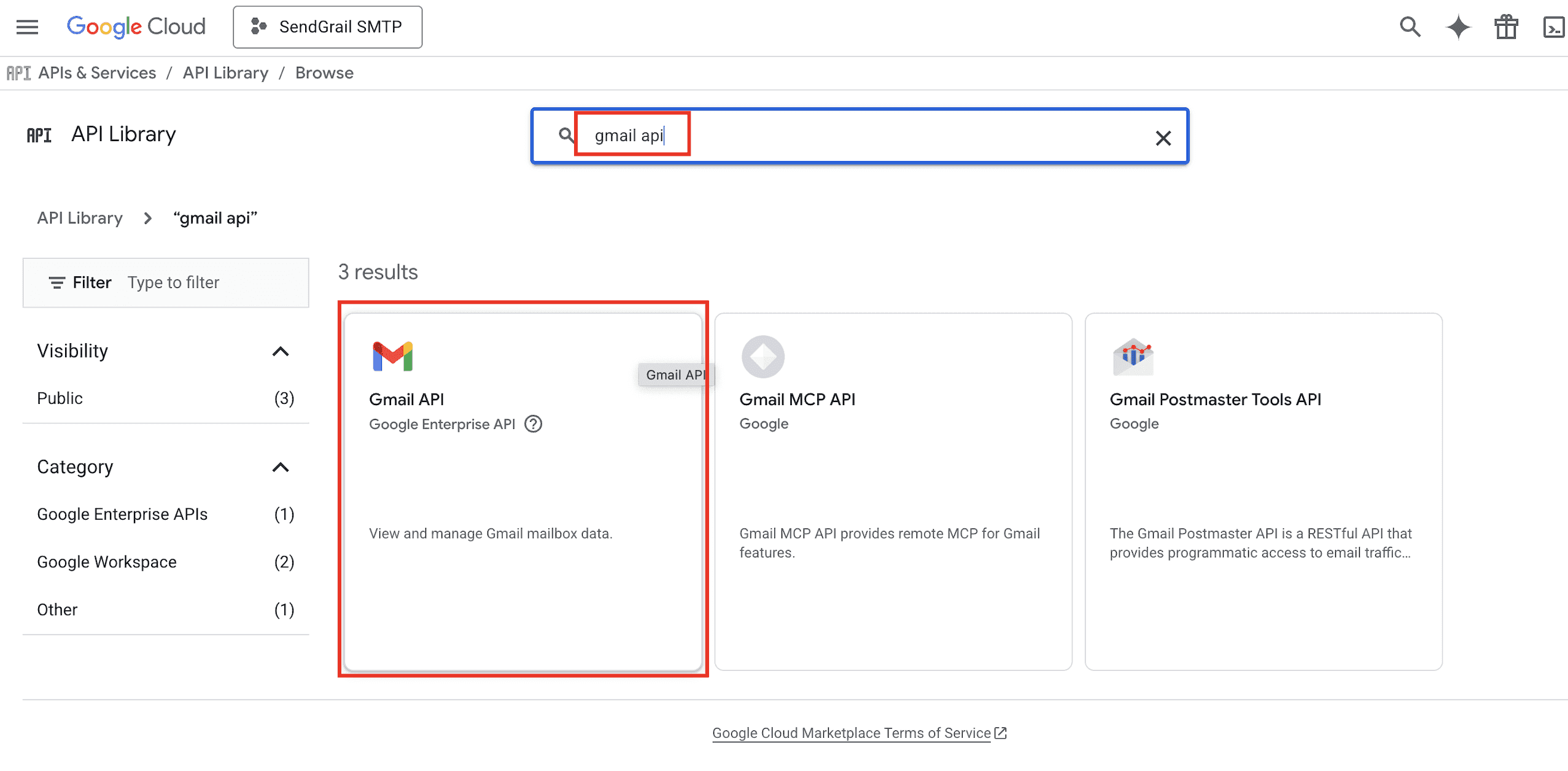 Search "gmail api" → click Gmail API