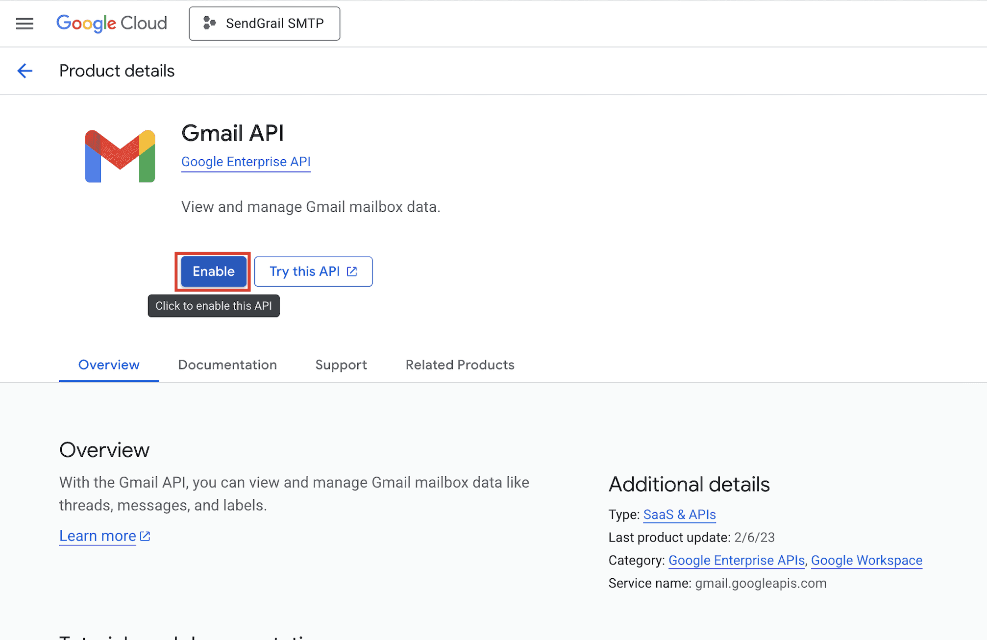 Click Enable on the Gmail API page
