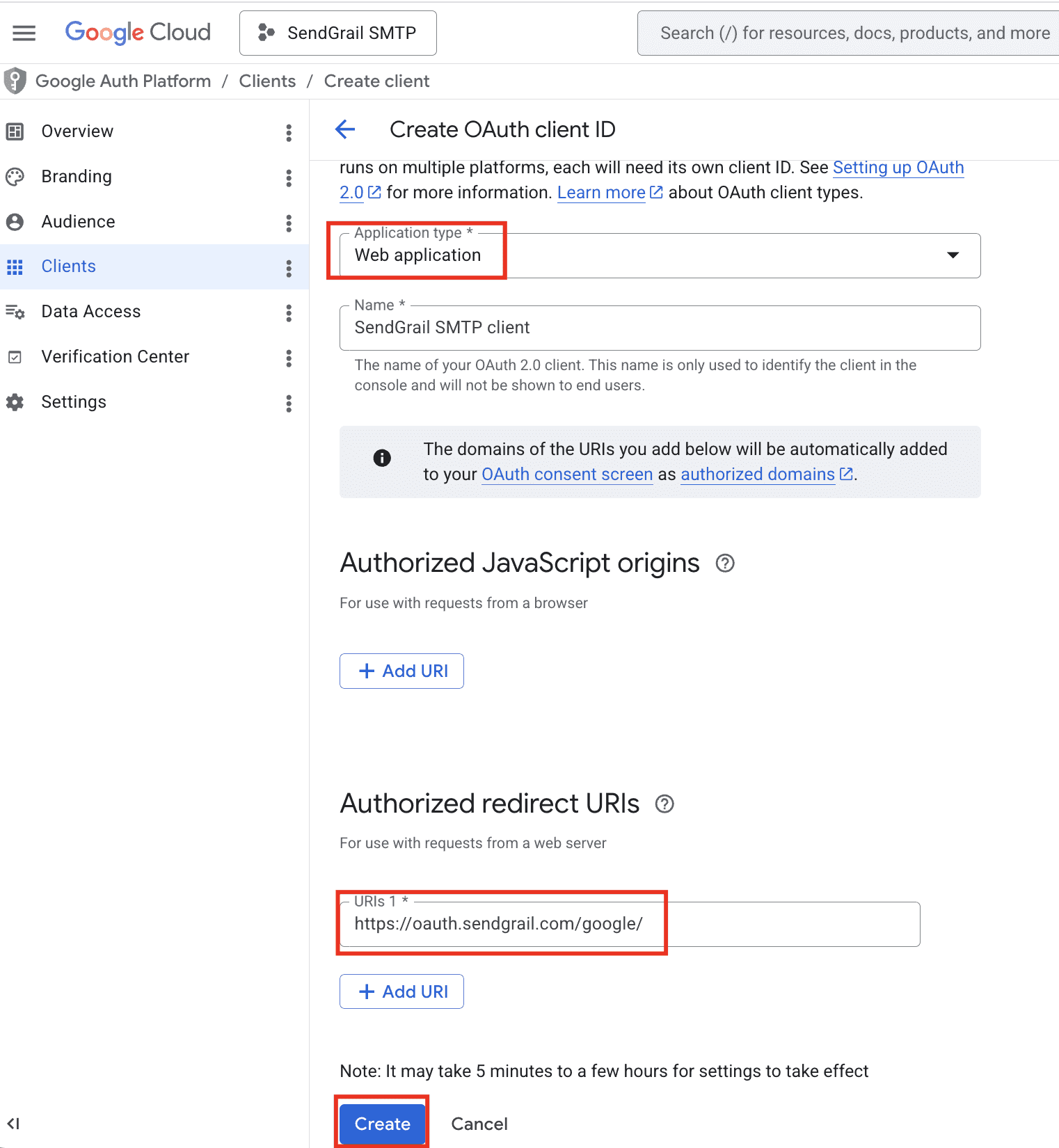 Create OAuth client — Web application + redirect URI