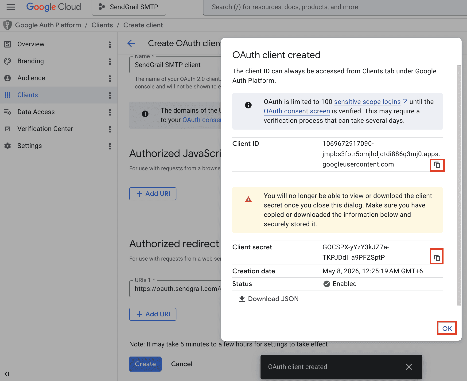OAuth client created — copy Client ID and secret