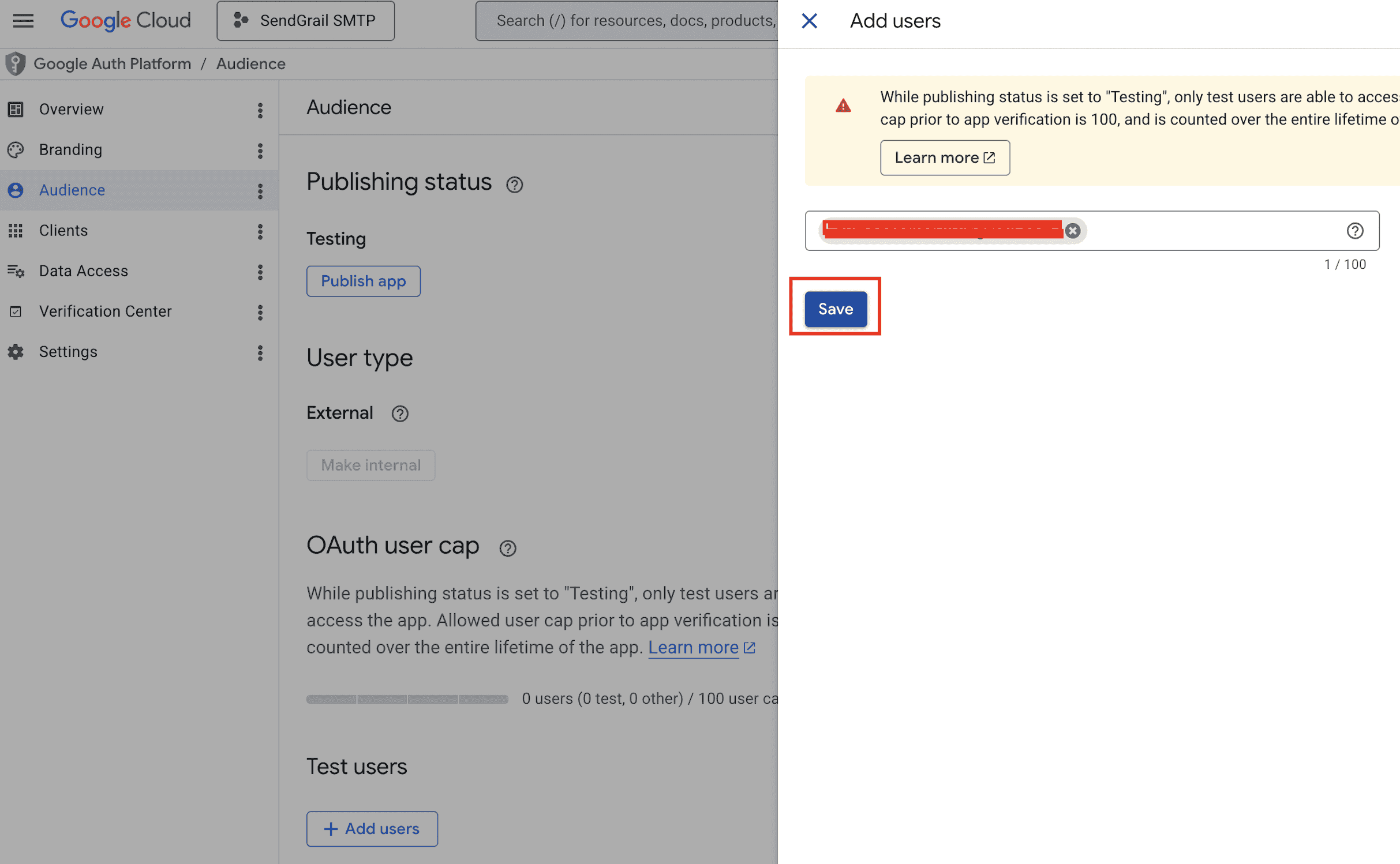 Add users panel — enter email and Save
