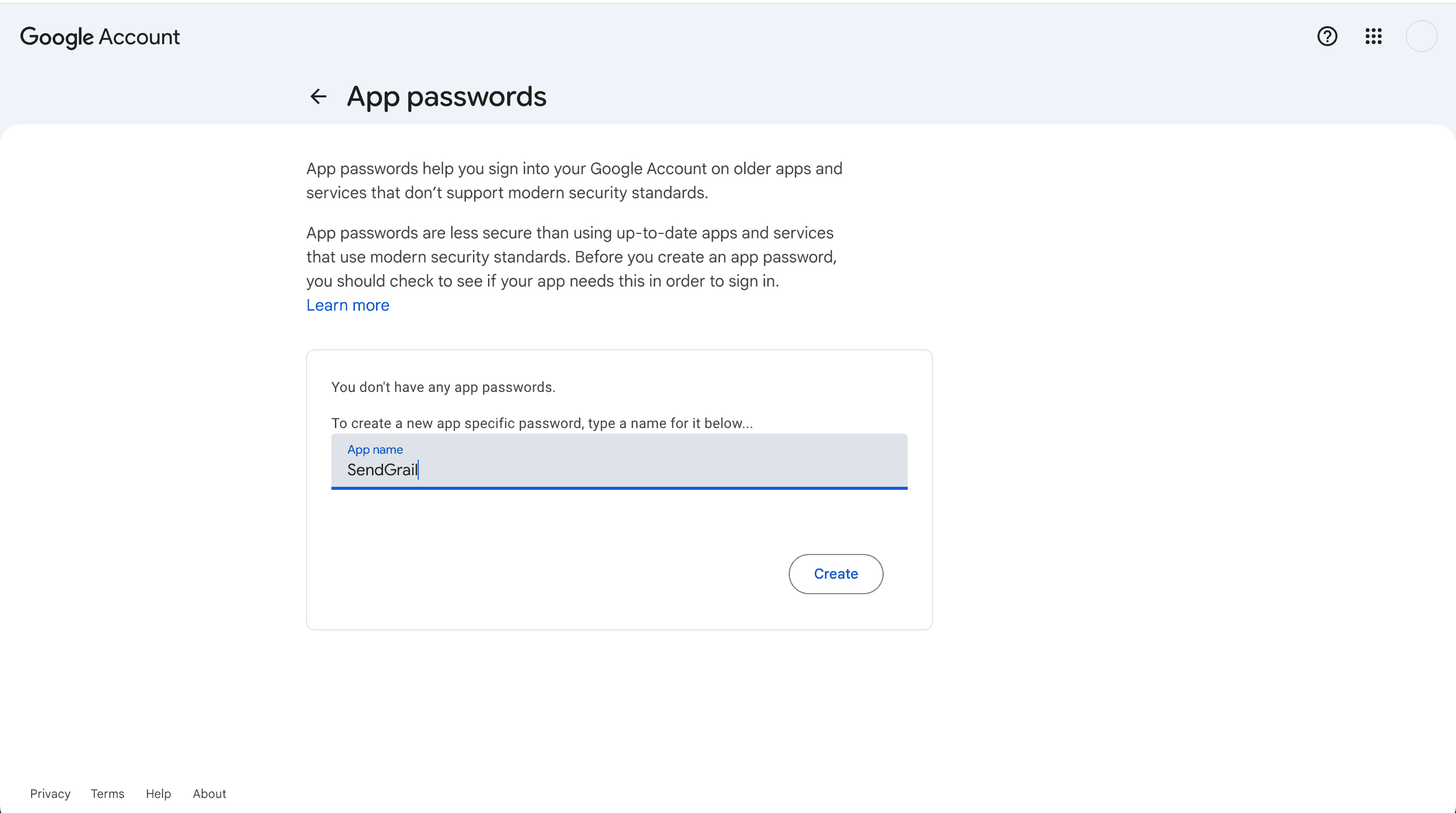 Gmail app password generation page