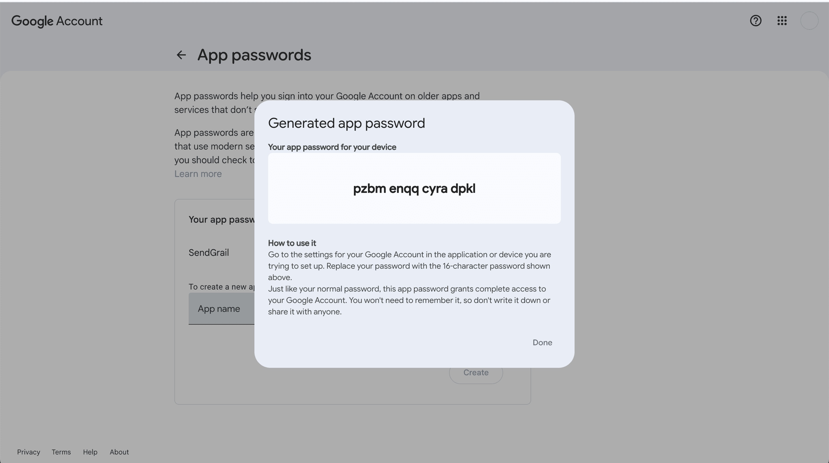 Generated app password dialog showing the 16-character password