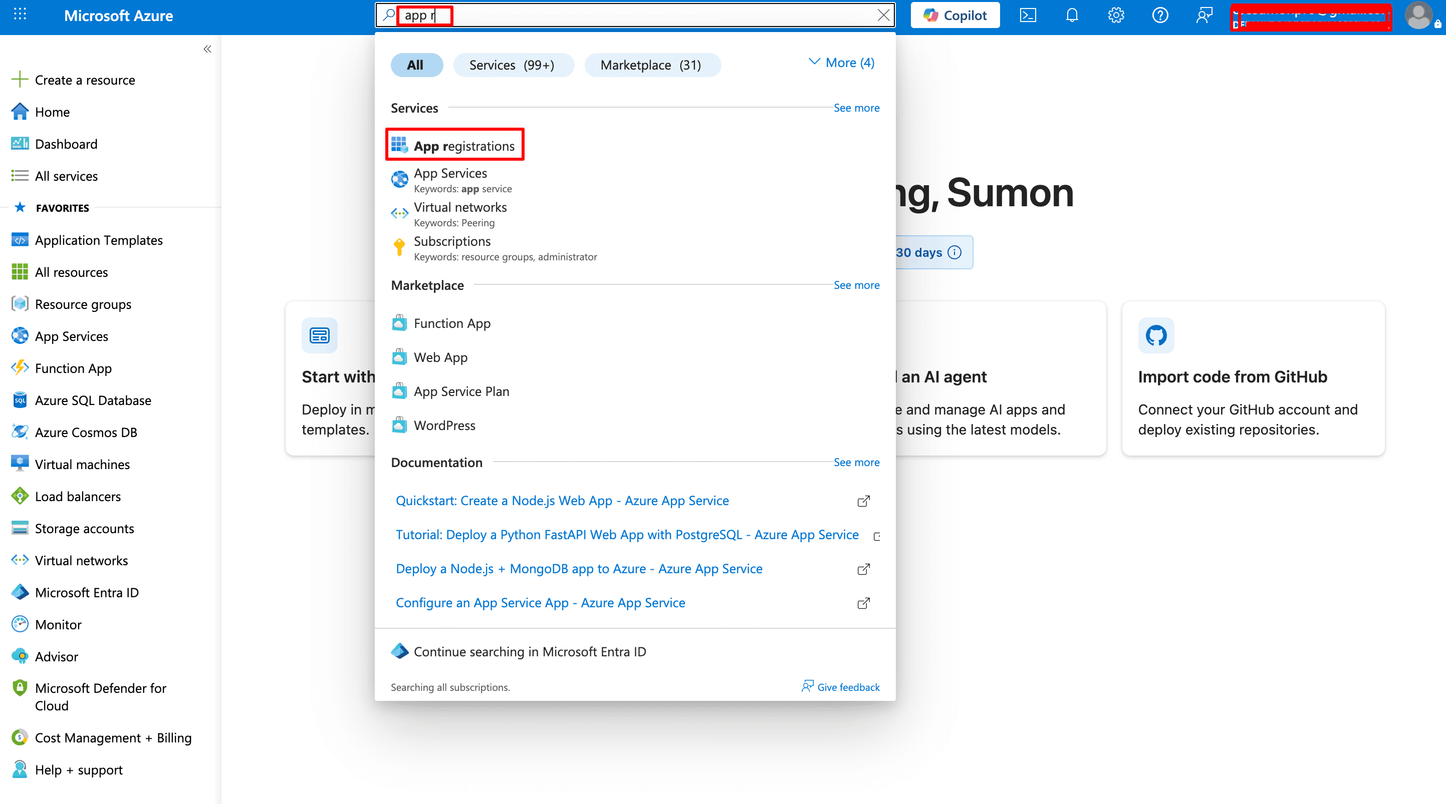 Azure portal search — App registrations
