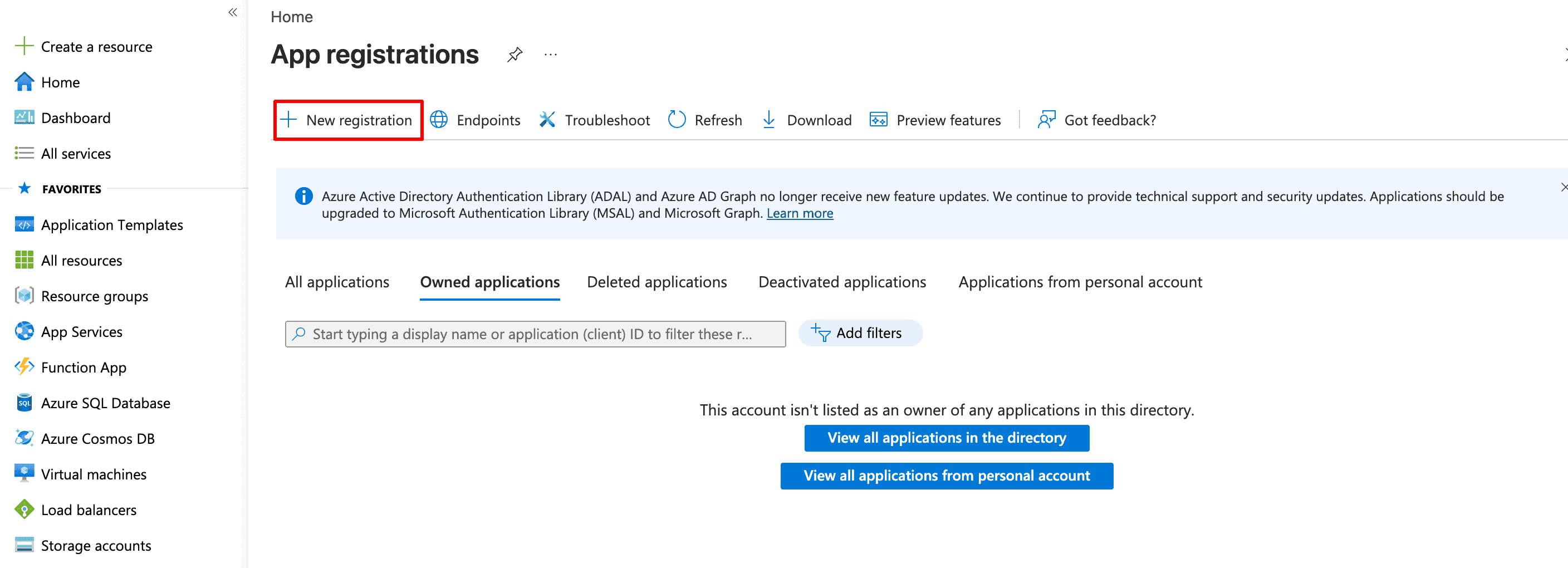 App registrations page — New registration