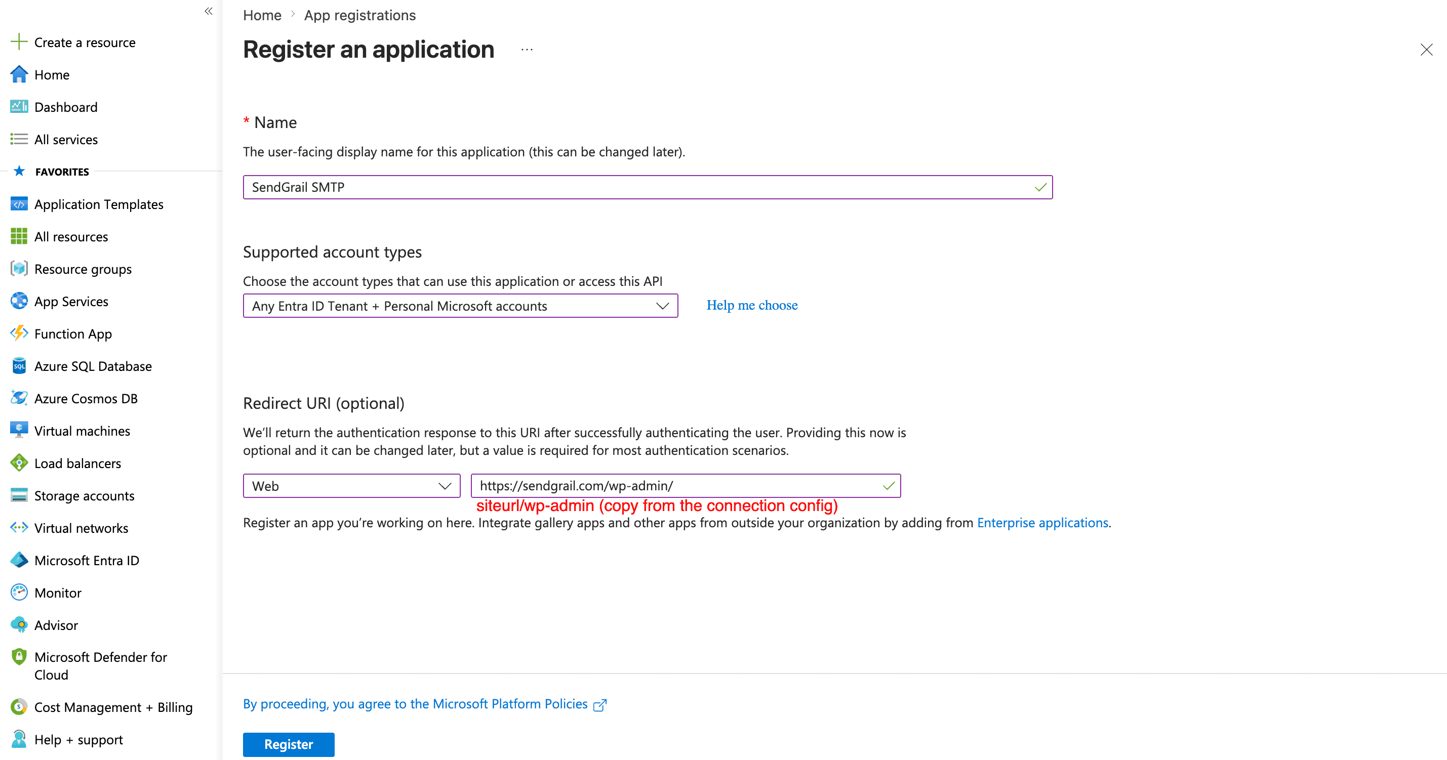 Register an application form filled in