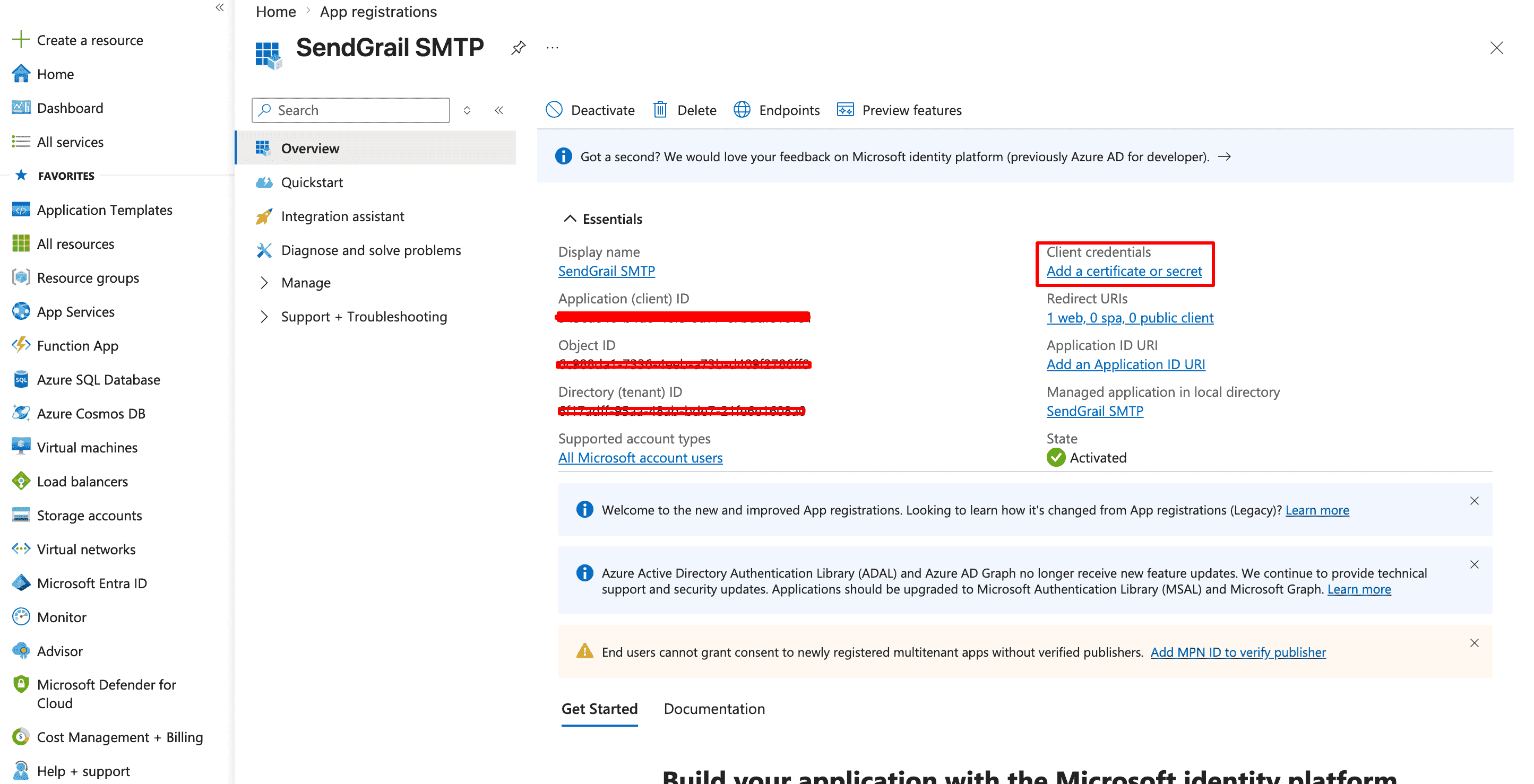 App overview — Application (client) ID and Add a certificate or secret