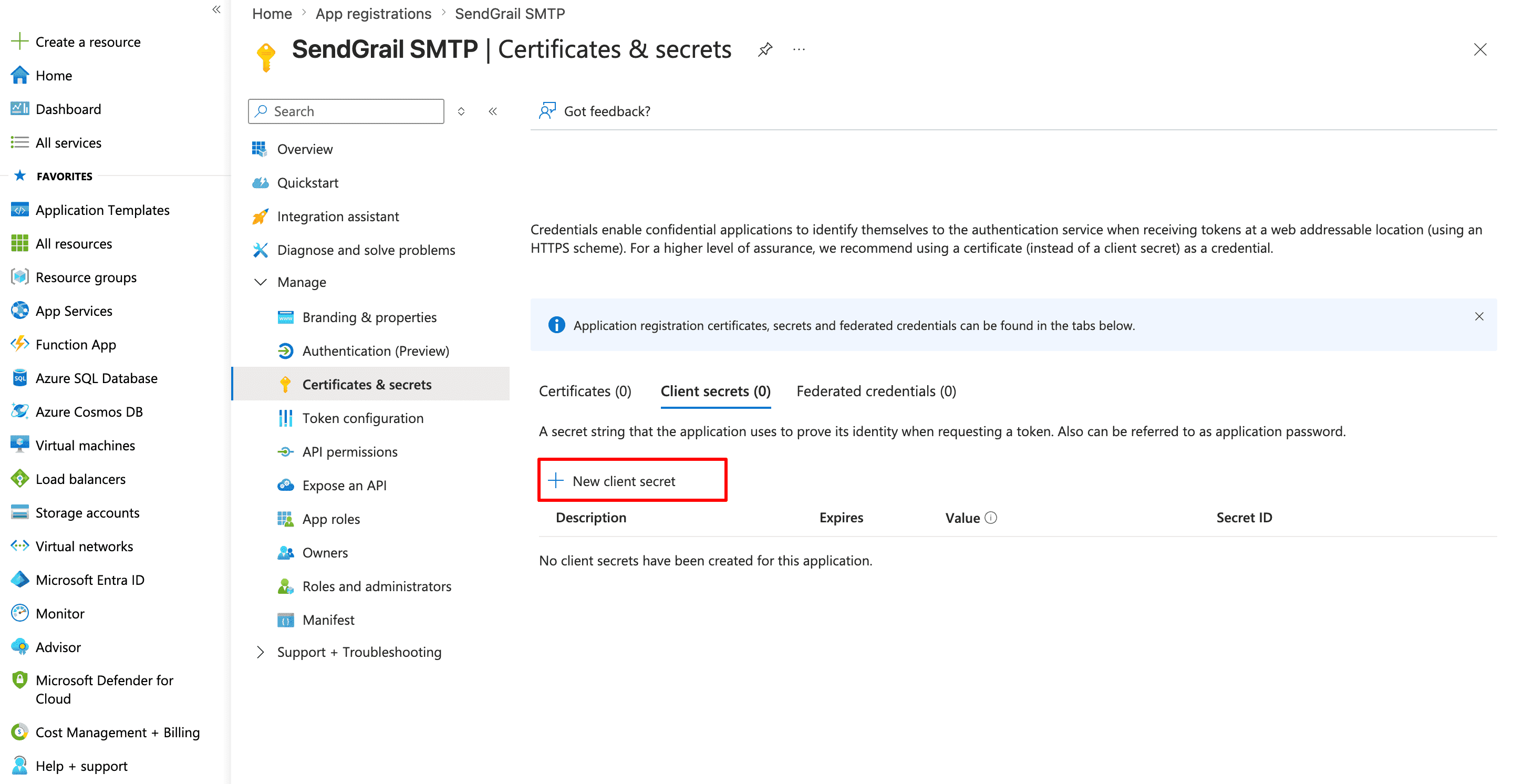 Certificates & secrets — New client secret
