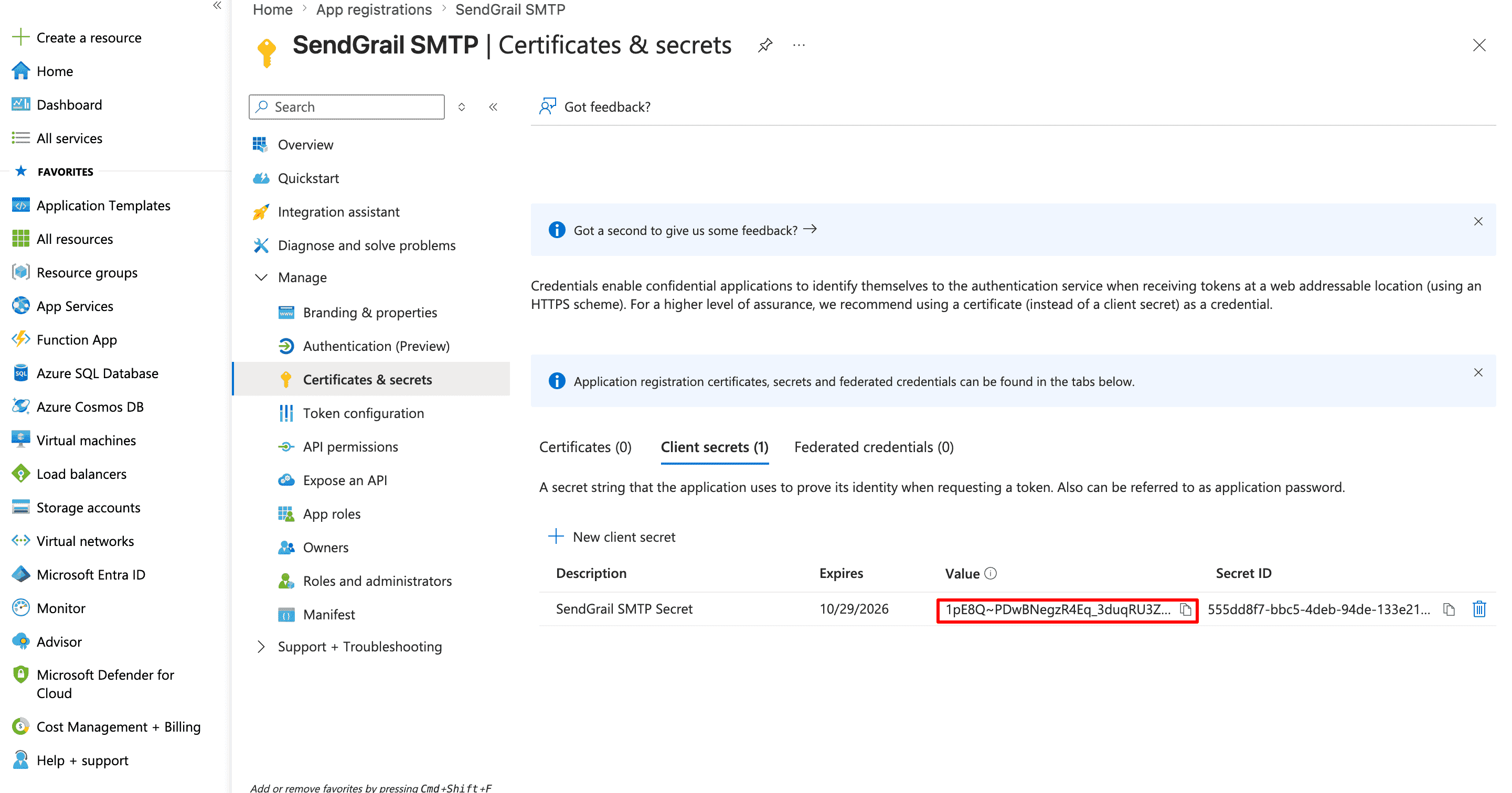 Secret value displayed once — copy it now