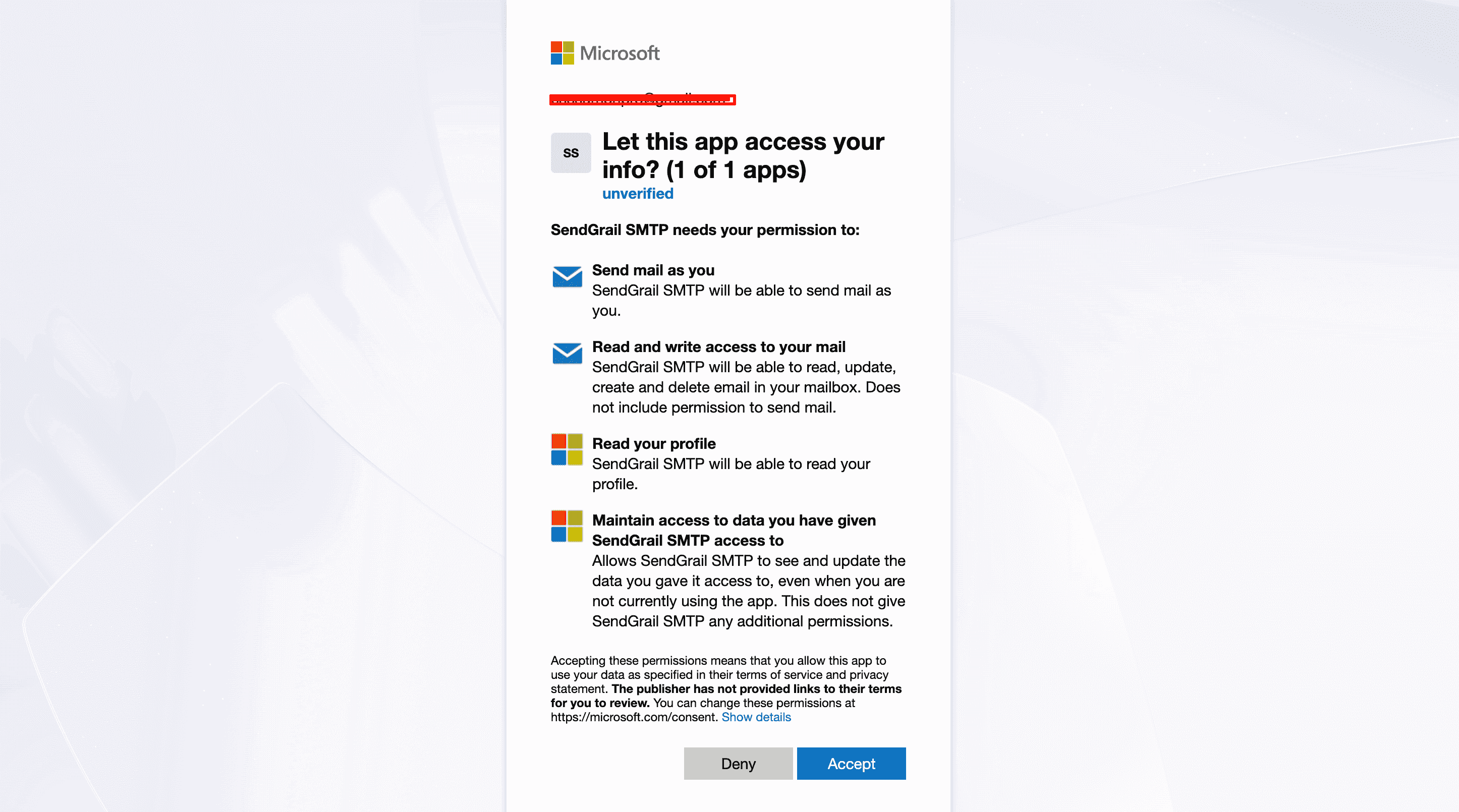 Microsoft consent screen — Send mail permission