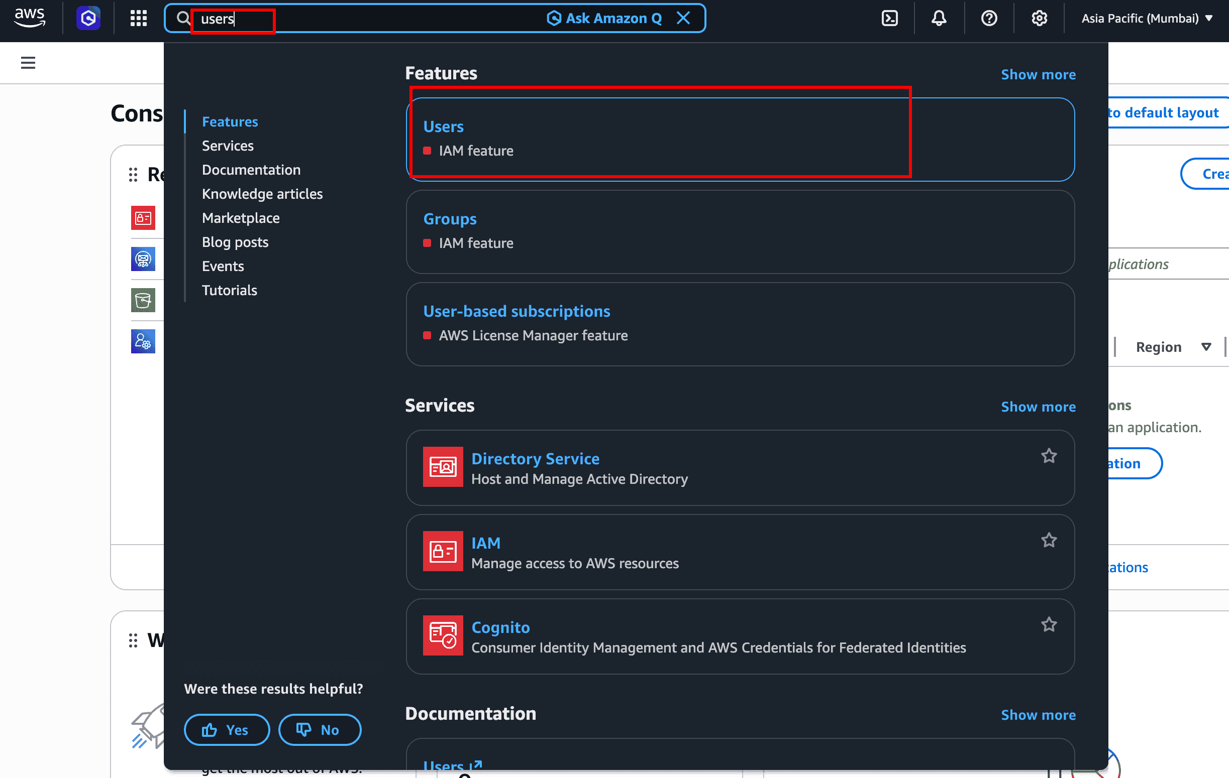 AWS console search → Users (IAM)