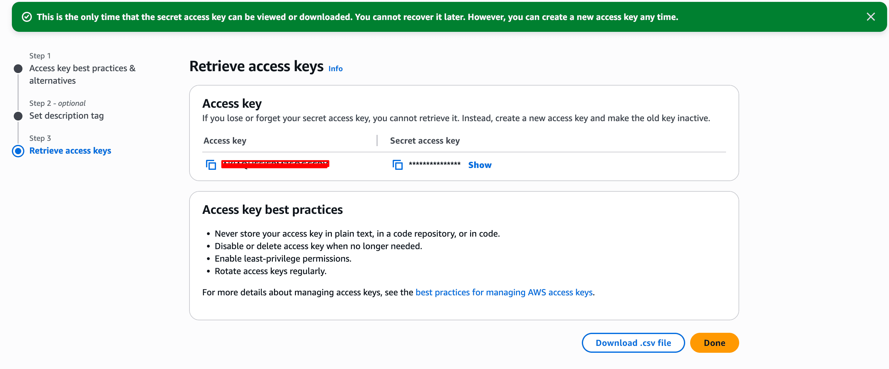 Retrieve access keys — Download .csv
