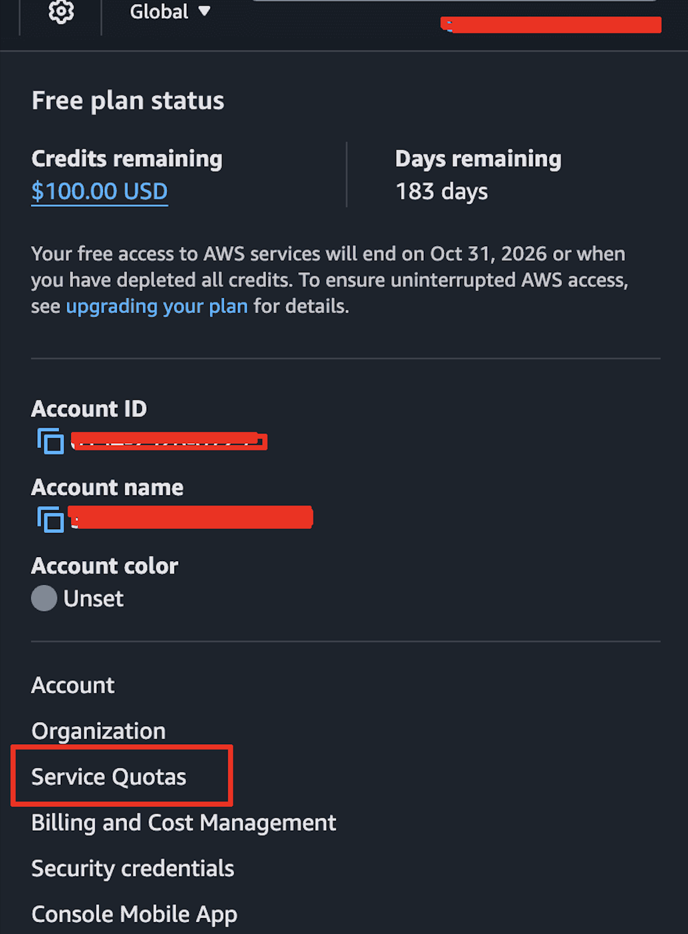Account menu → Service Quotas