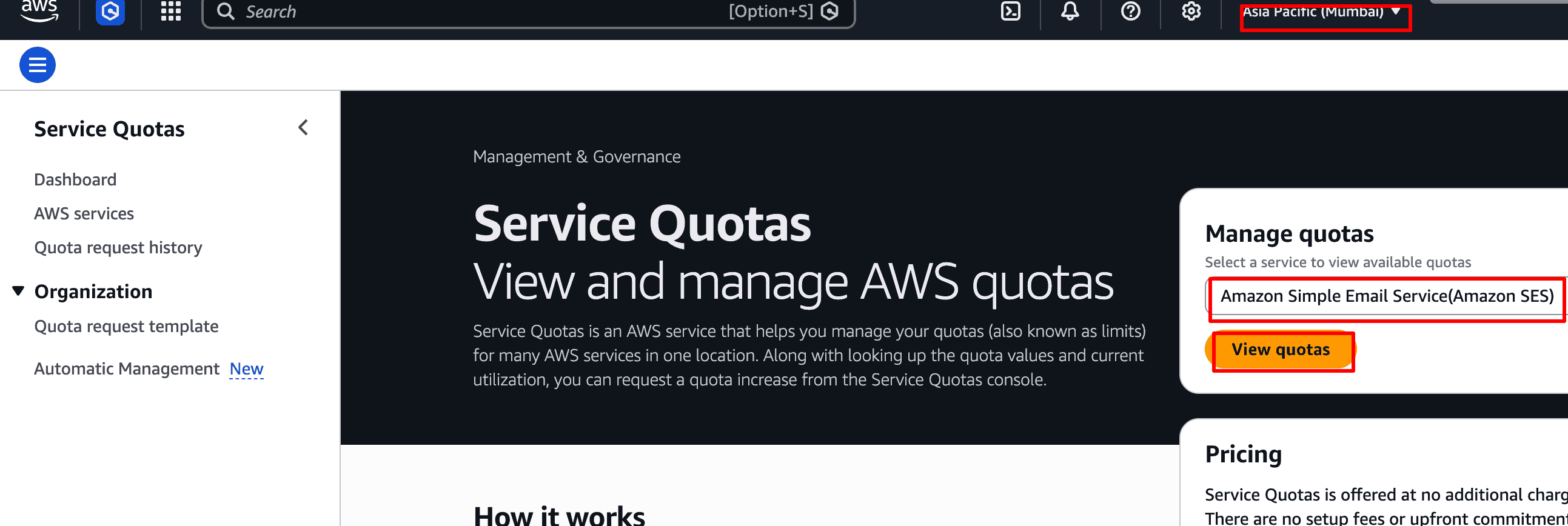 Service Quotas — Manage quotas → Amazon SES → View quotas