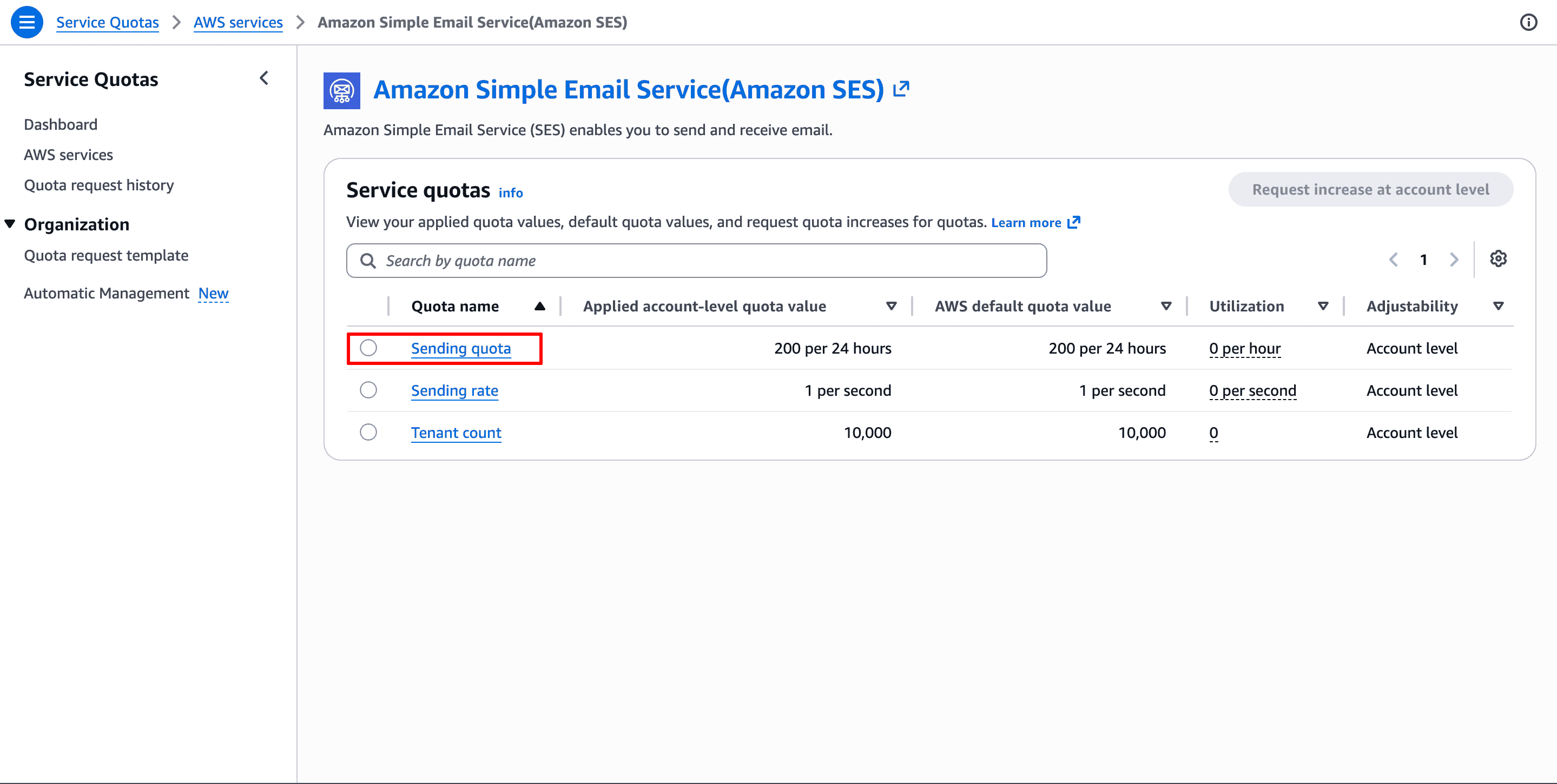 Amazon SES quotas — click Sending quota