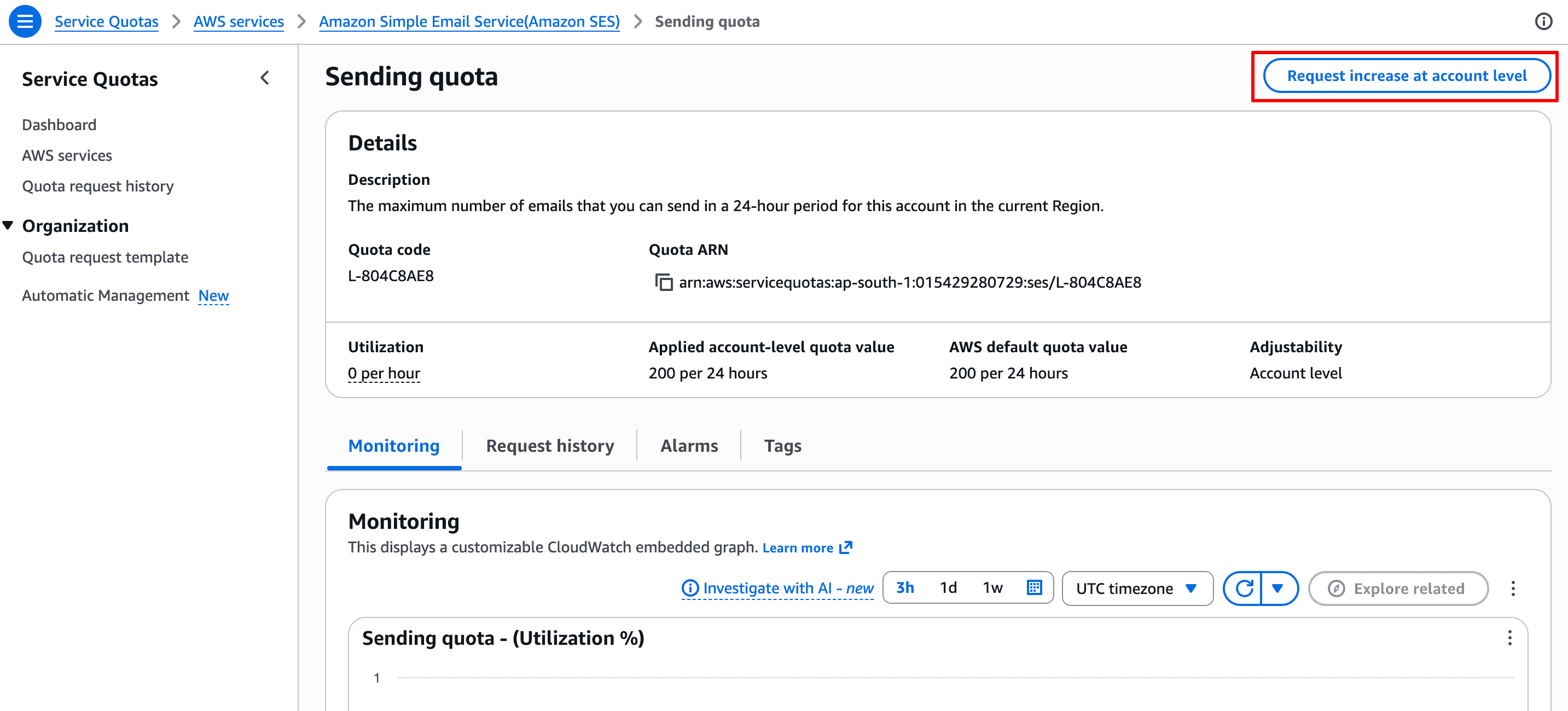 Sending quota → Request increase at account level