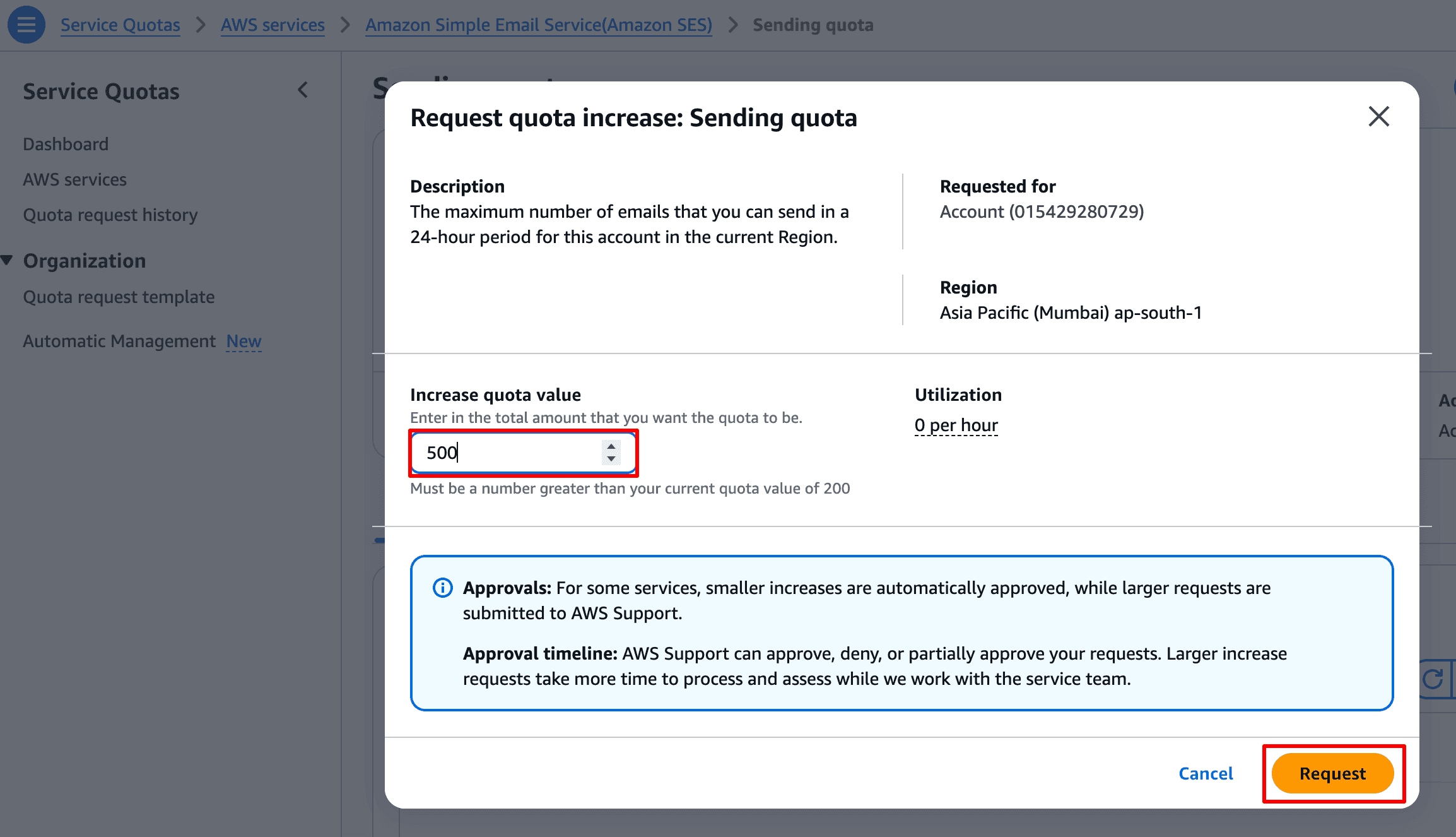 Request quota increase — enter value → Request