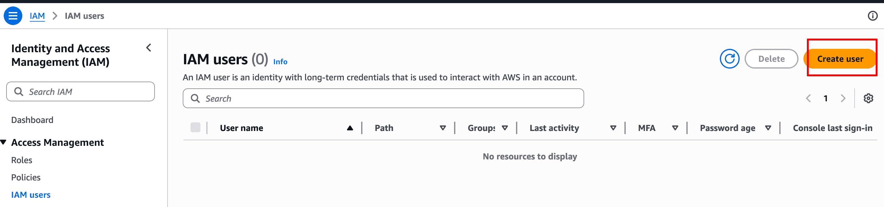 IAM Users page → Create user