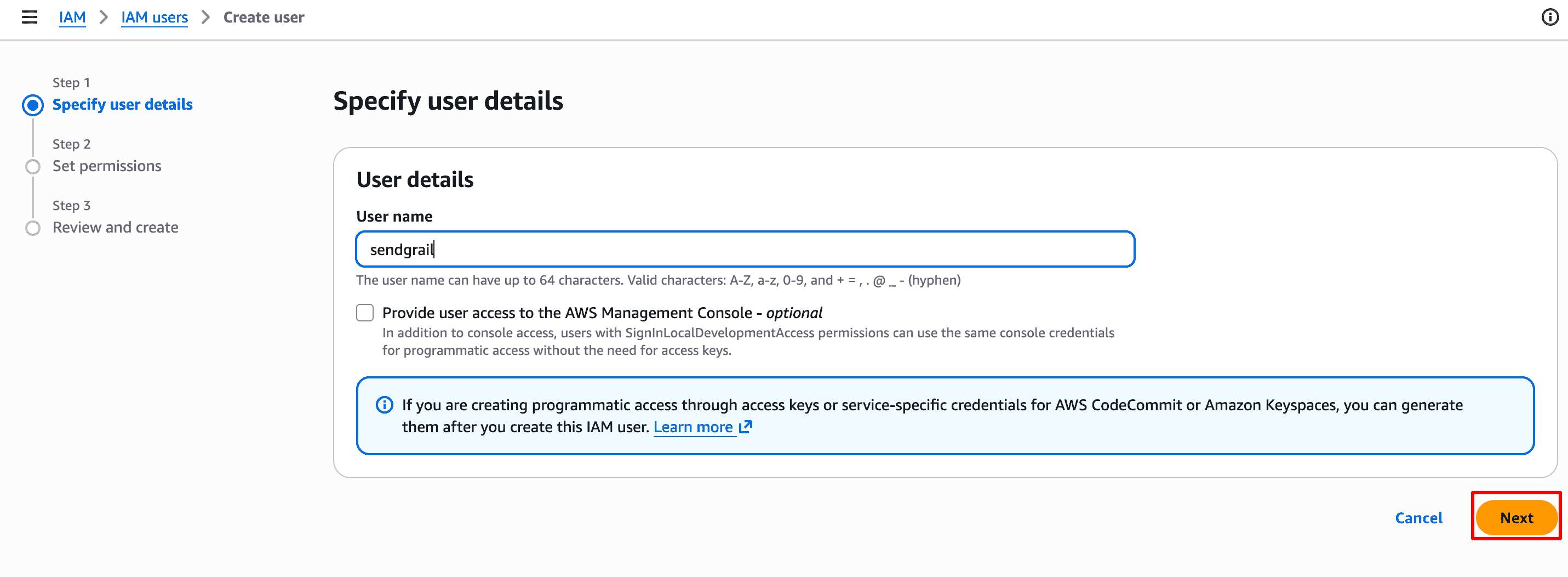 Specify user details — name = sendgrail