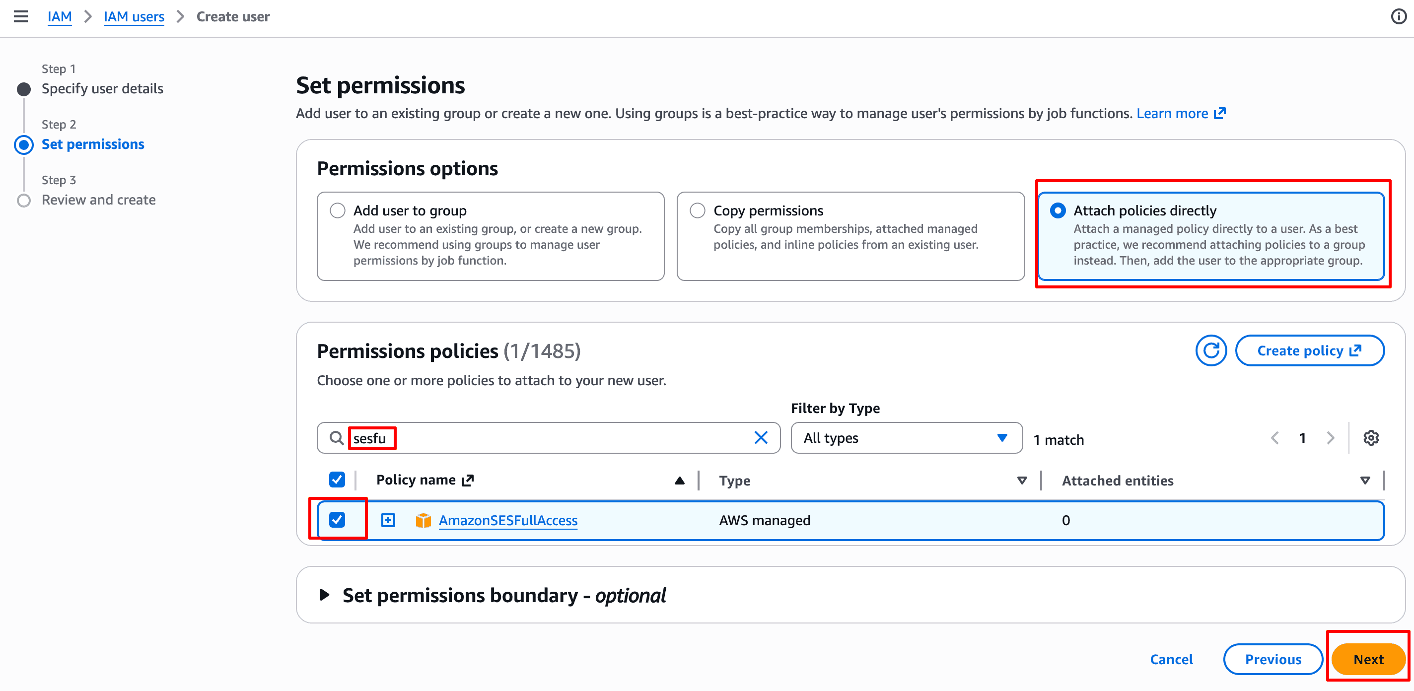 Attach policies directly → AmazonSESFullAccess