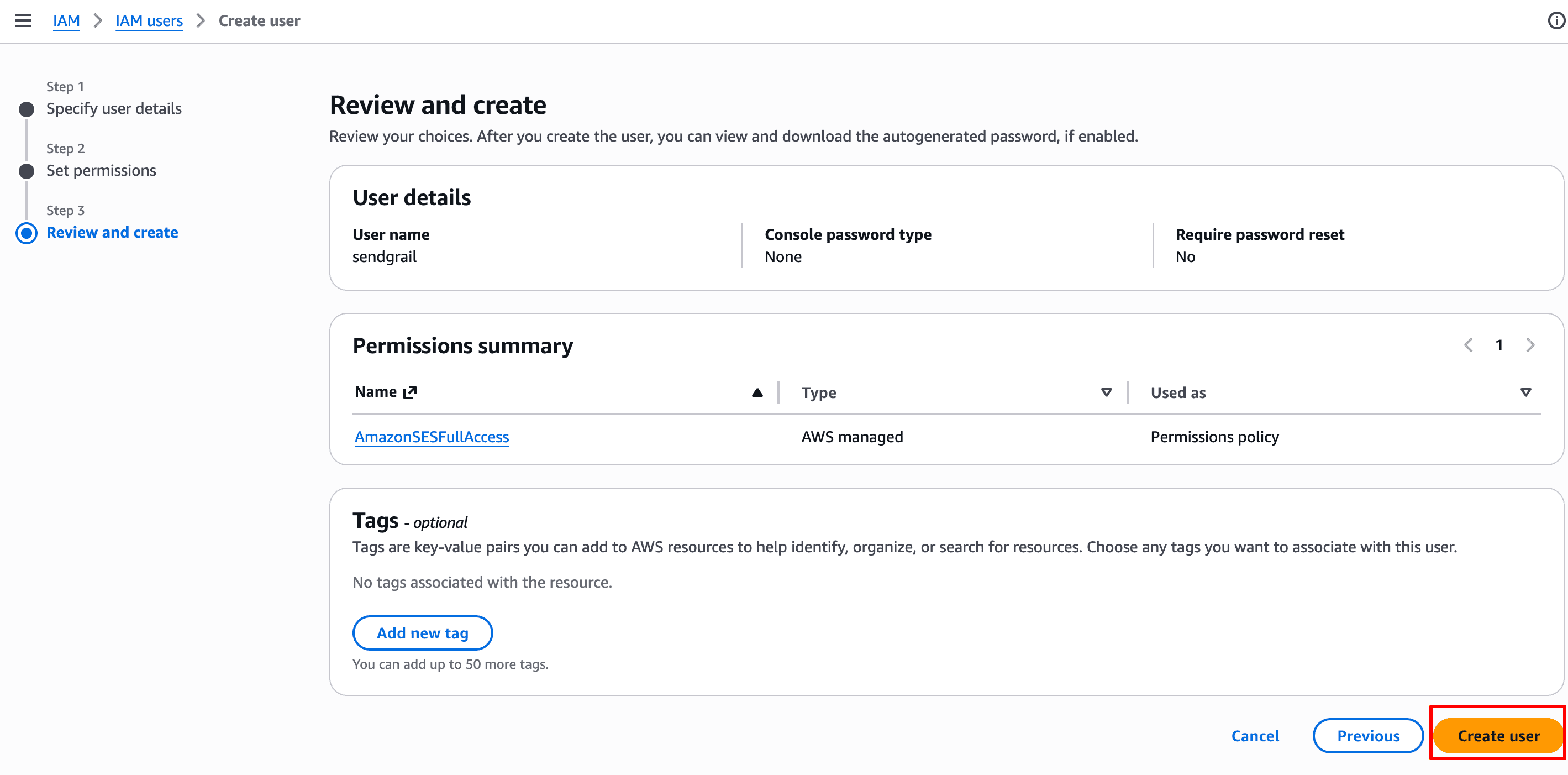 Review and create — Create user