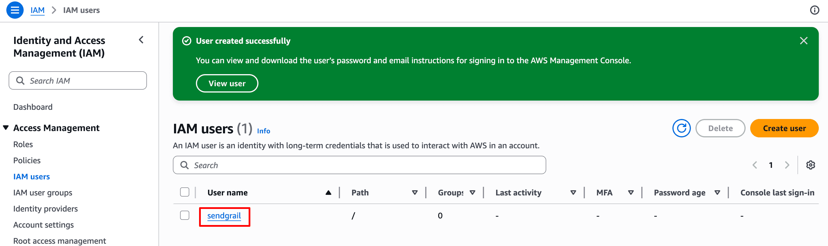 User created — click into sendgrail