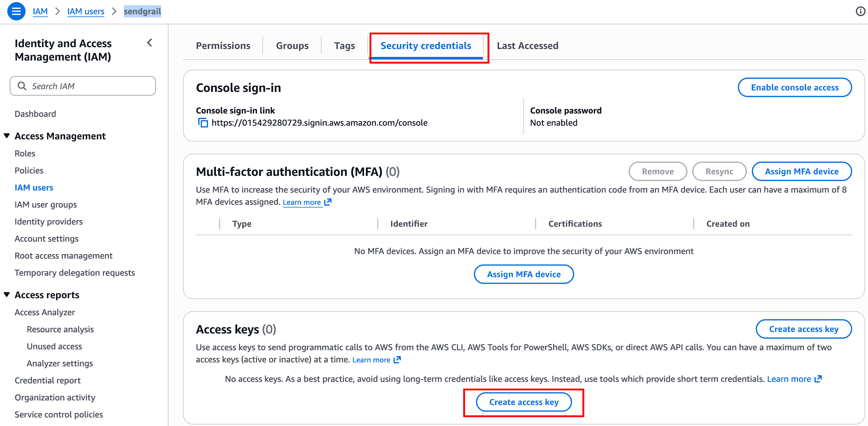 Security credentials → Create access key