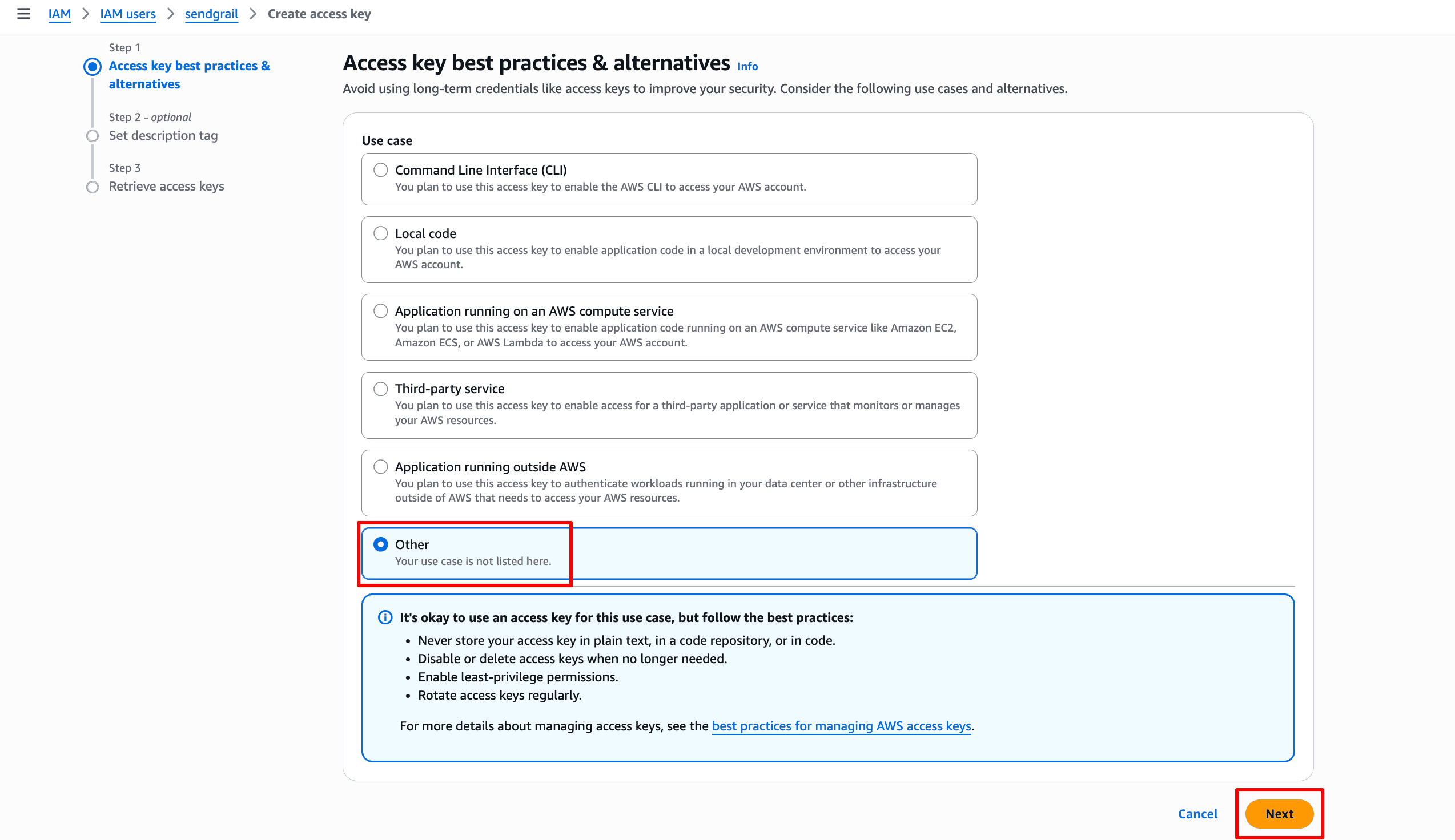 Access key use case — Other → Next