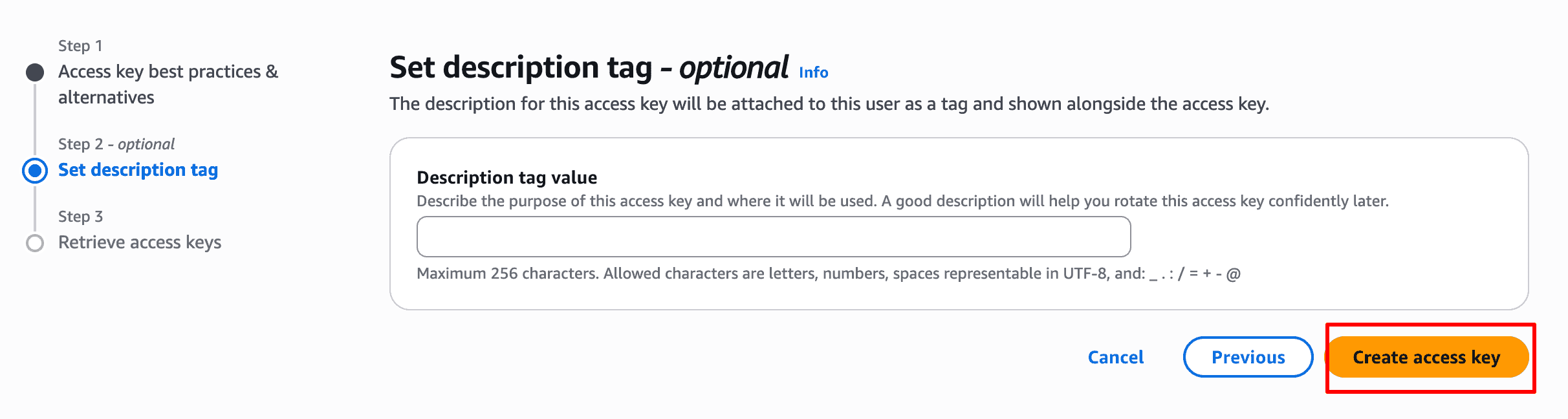 Set description tag → Create access key