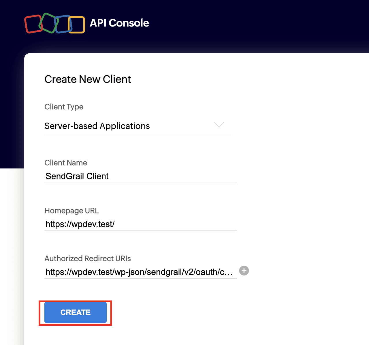 Create New Client form filled in