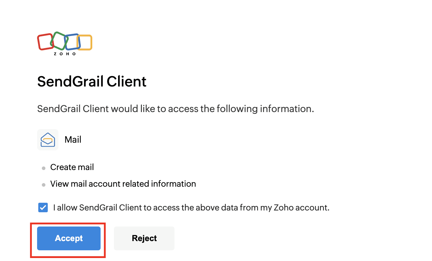 Zoho consent screen — Accept