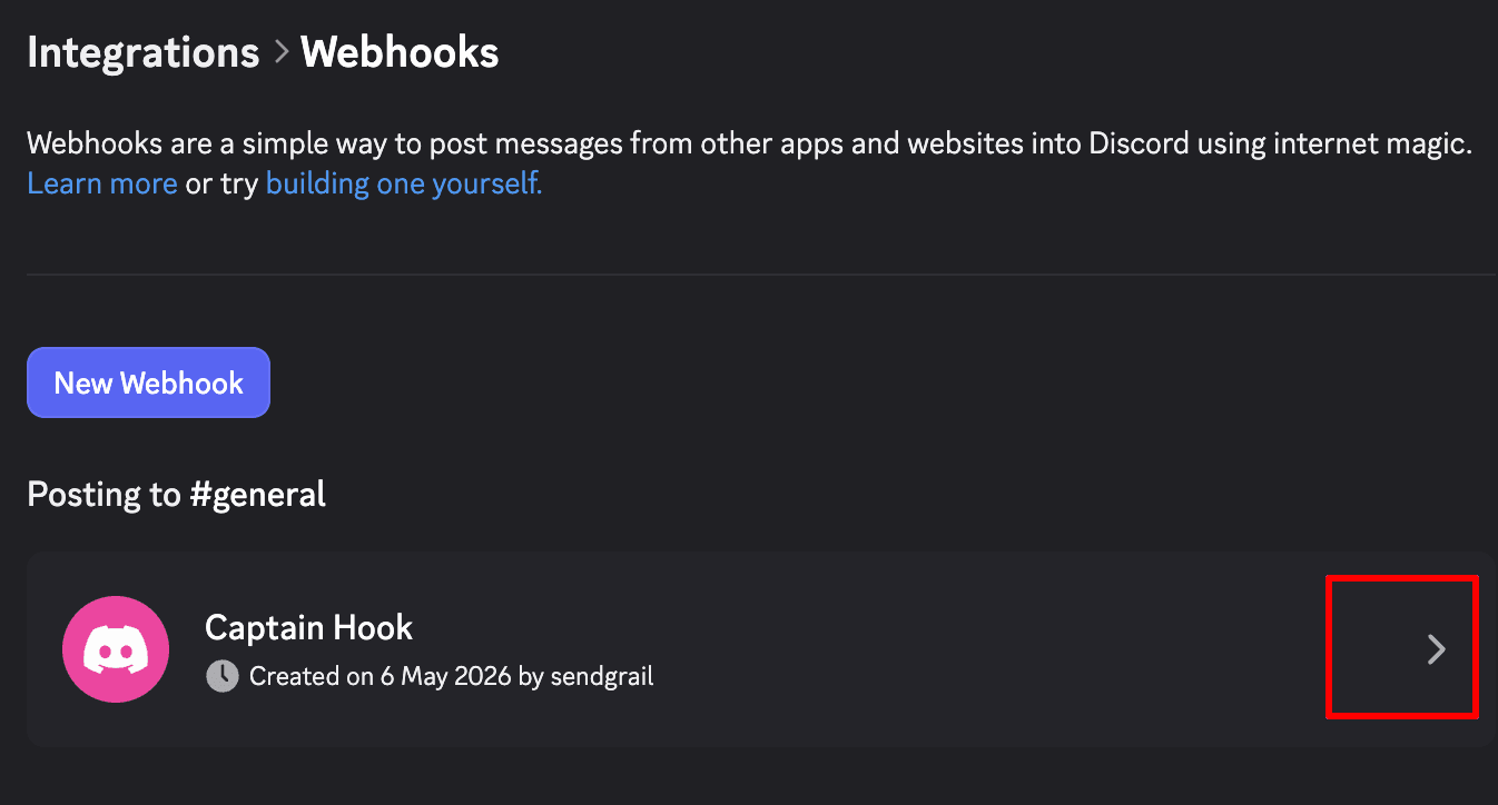New webhook auto-created — click the chevron