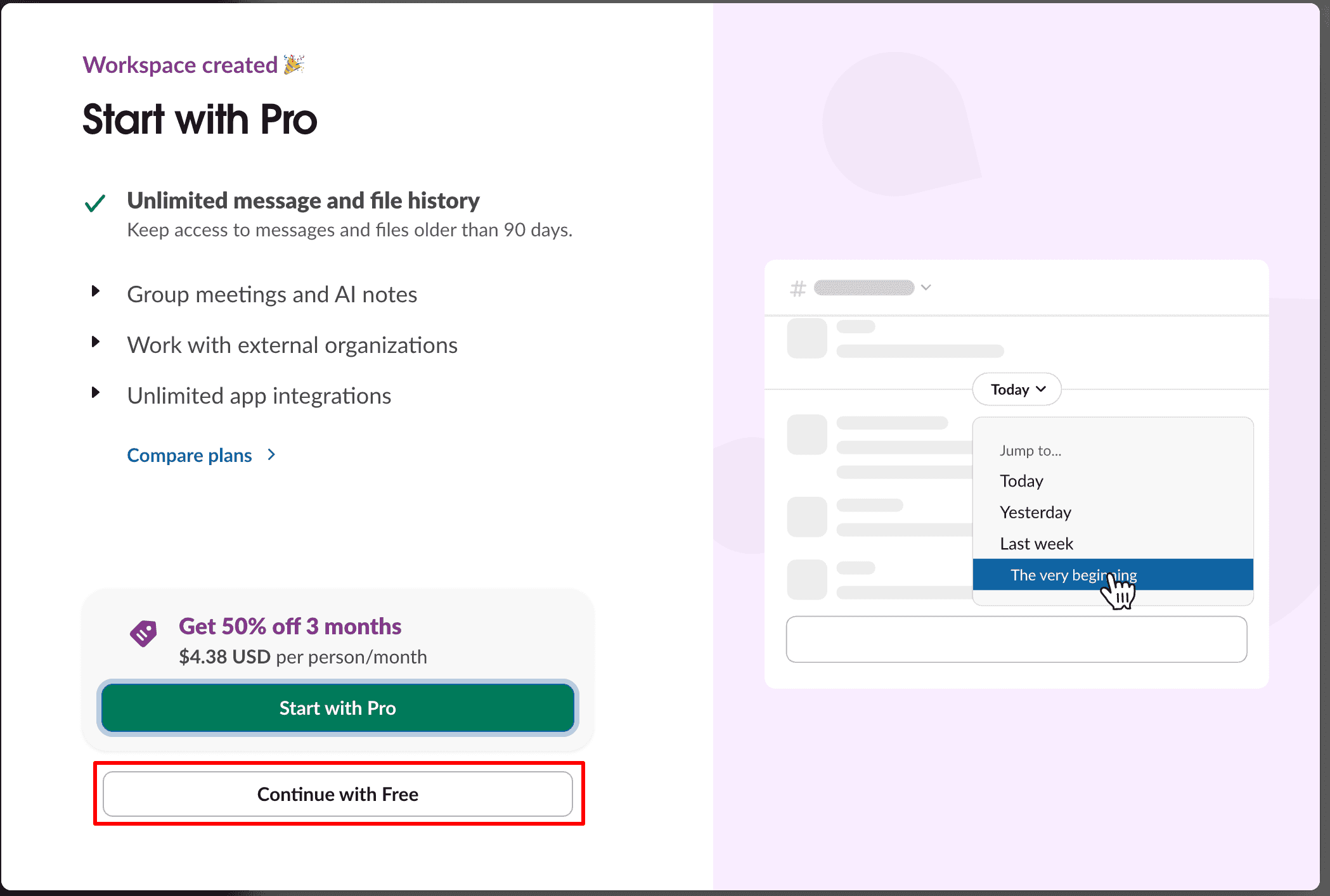 Workspace created → Continue with Free