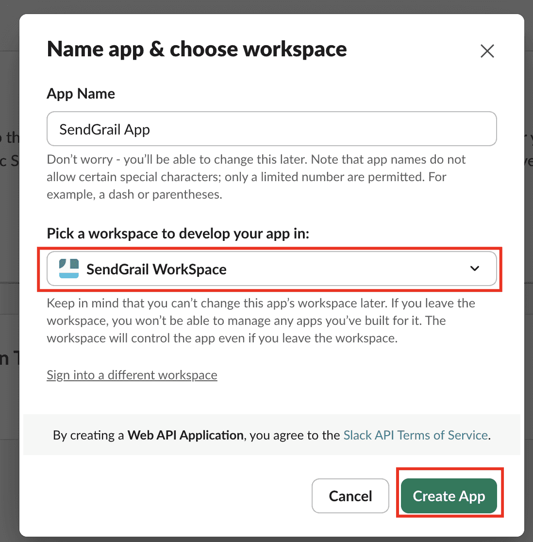 Name app & choose workspace → Create App