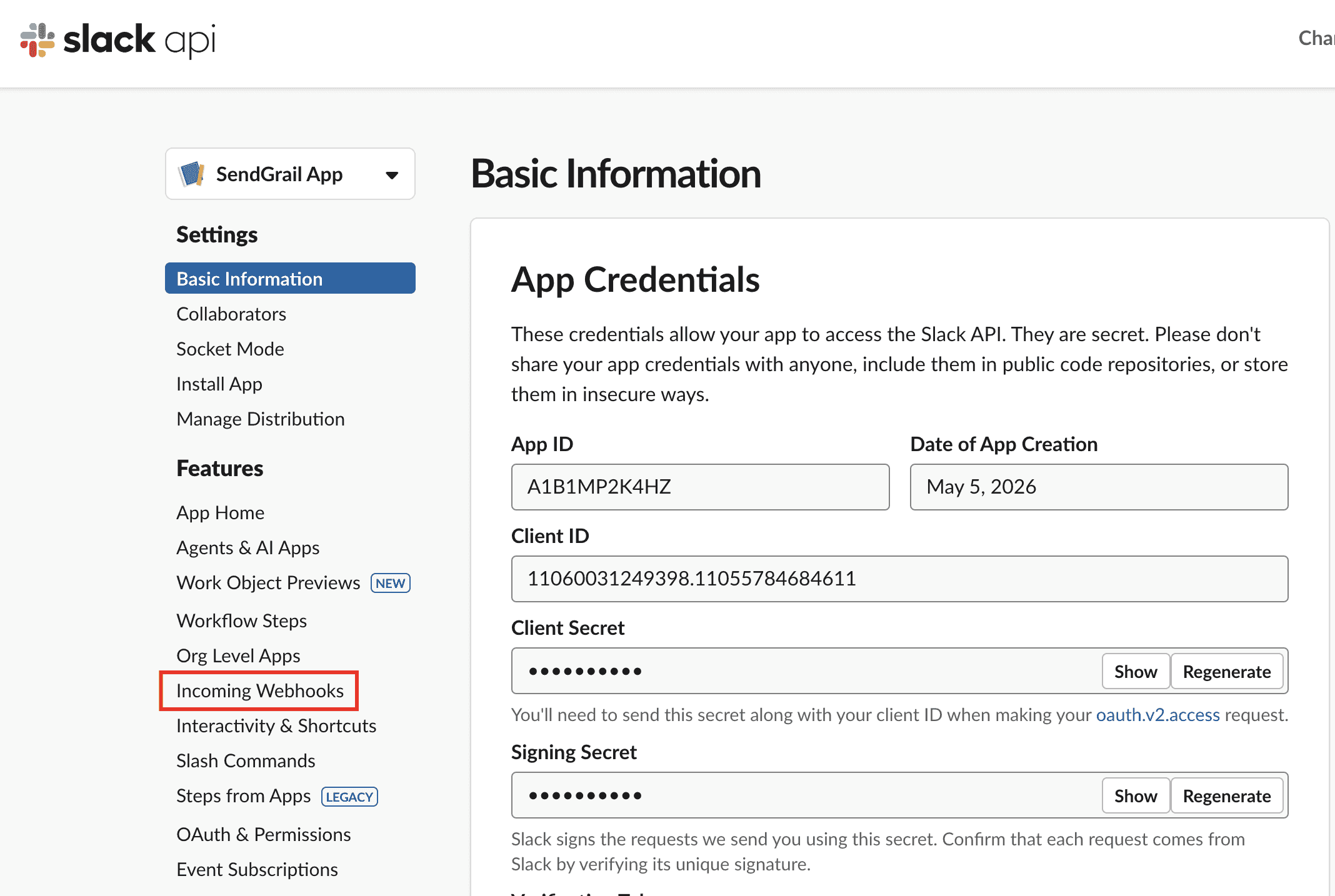 App settings sidebar → Incoming Webhooks