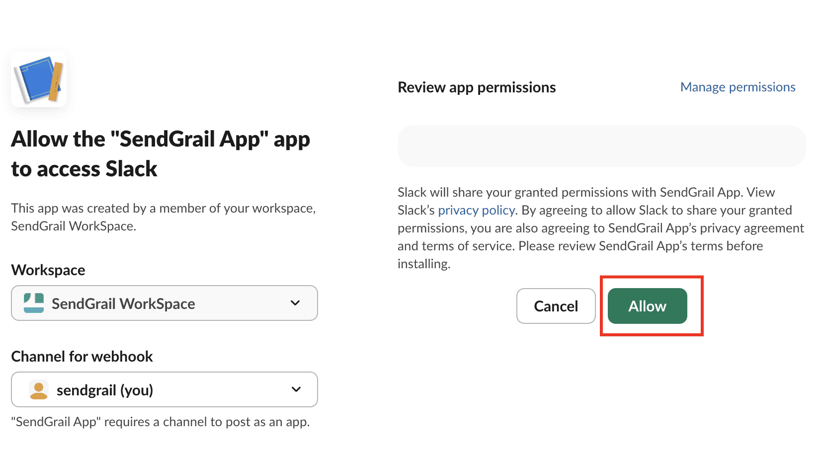 Allow the SendGrail App to access Slack