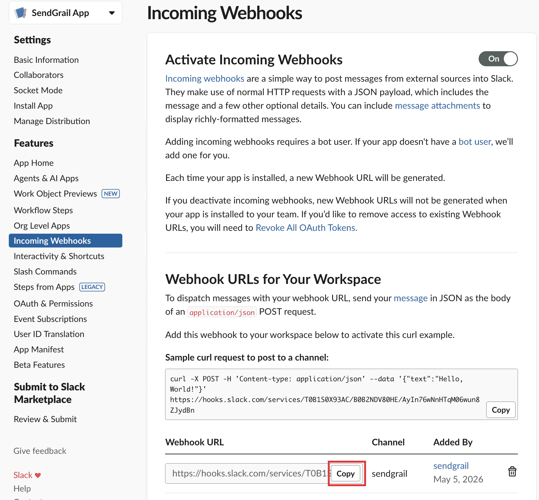 Webhook URLs for Your Workspace → Copy