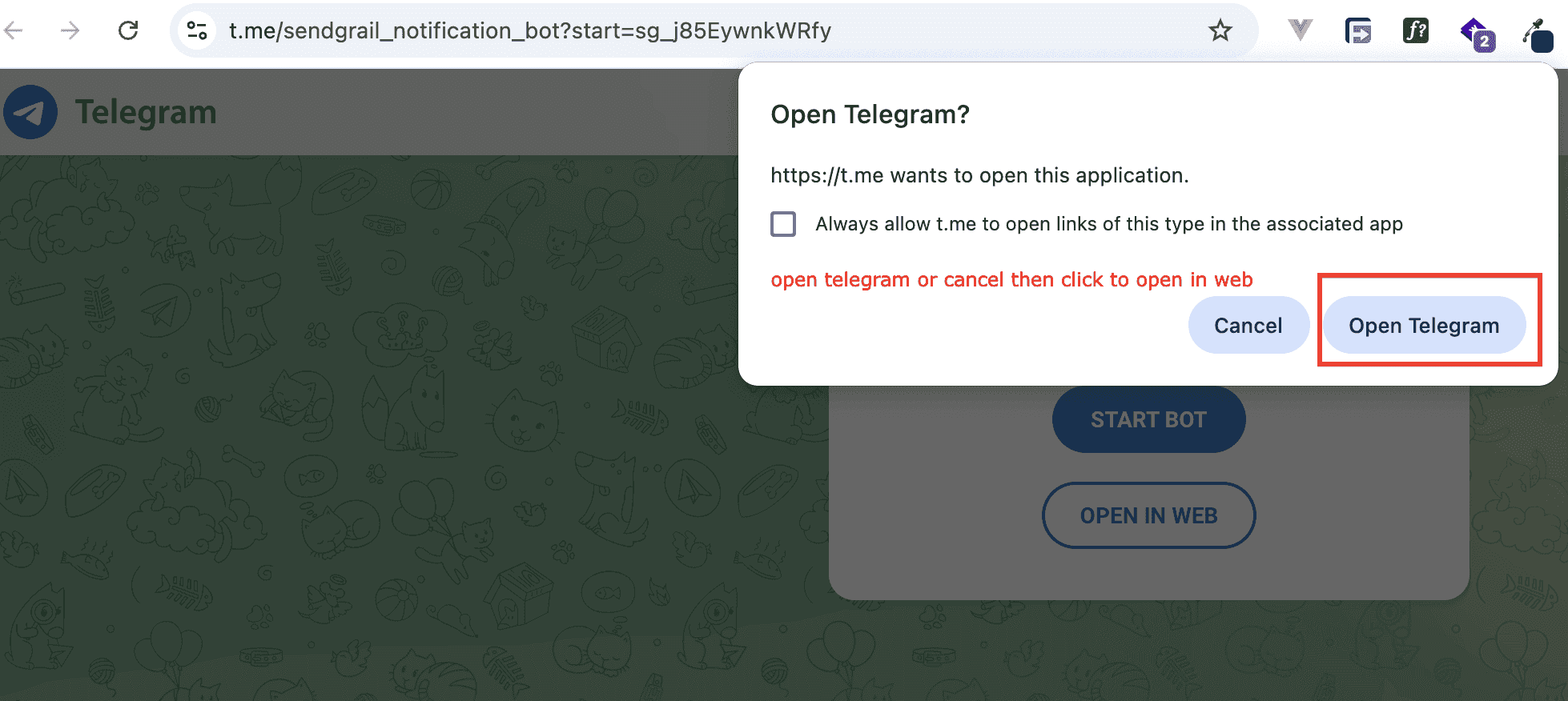 Browser prompt → Open Telegram