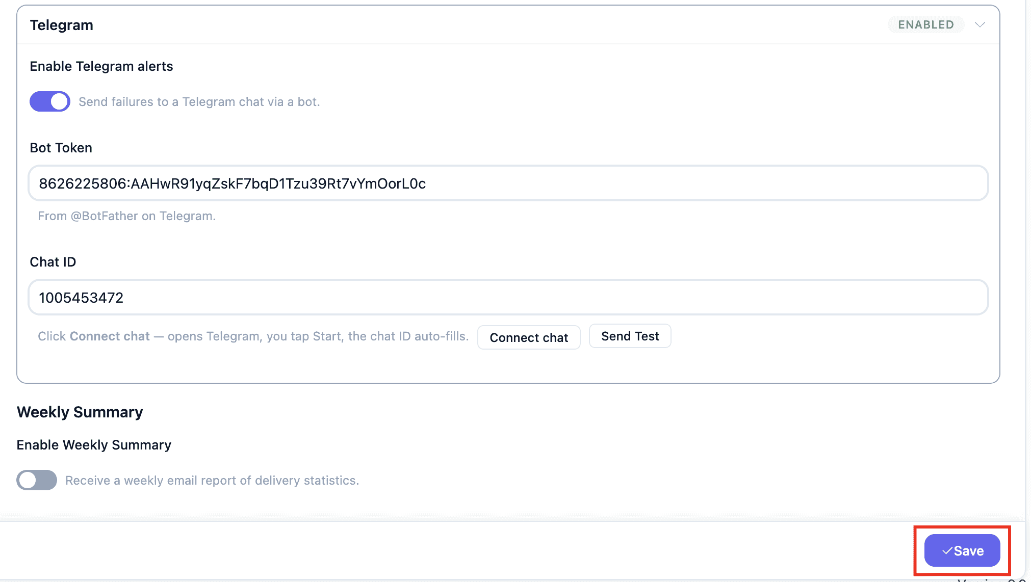 Bot token + Chat ID auto-filled → Save