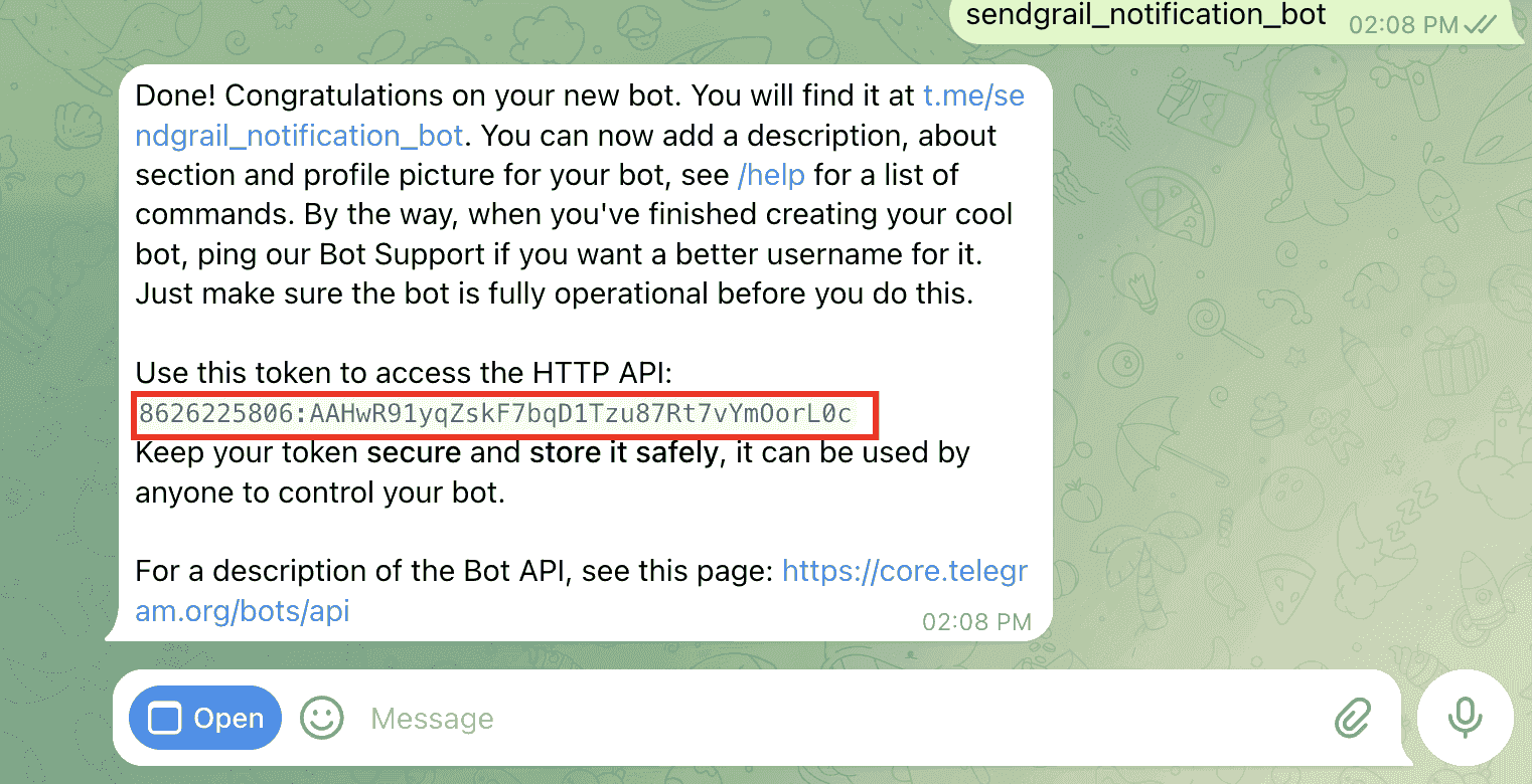 Bot token from BotFather