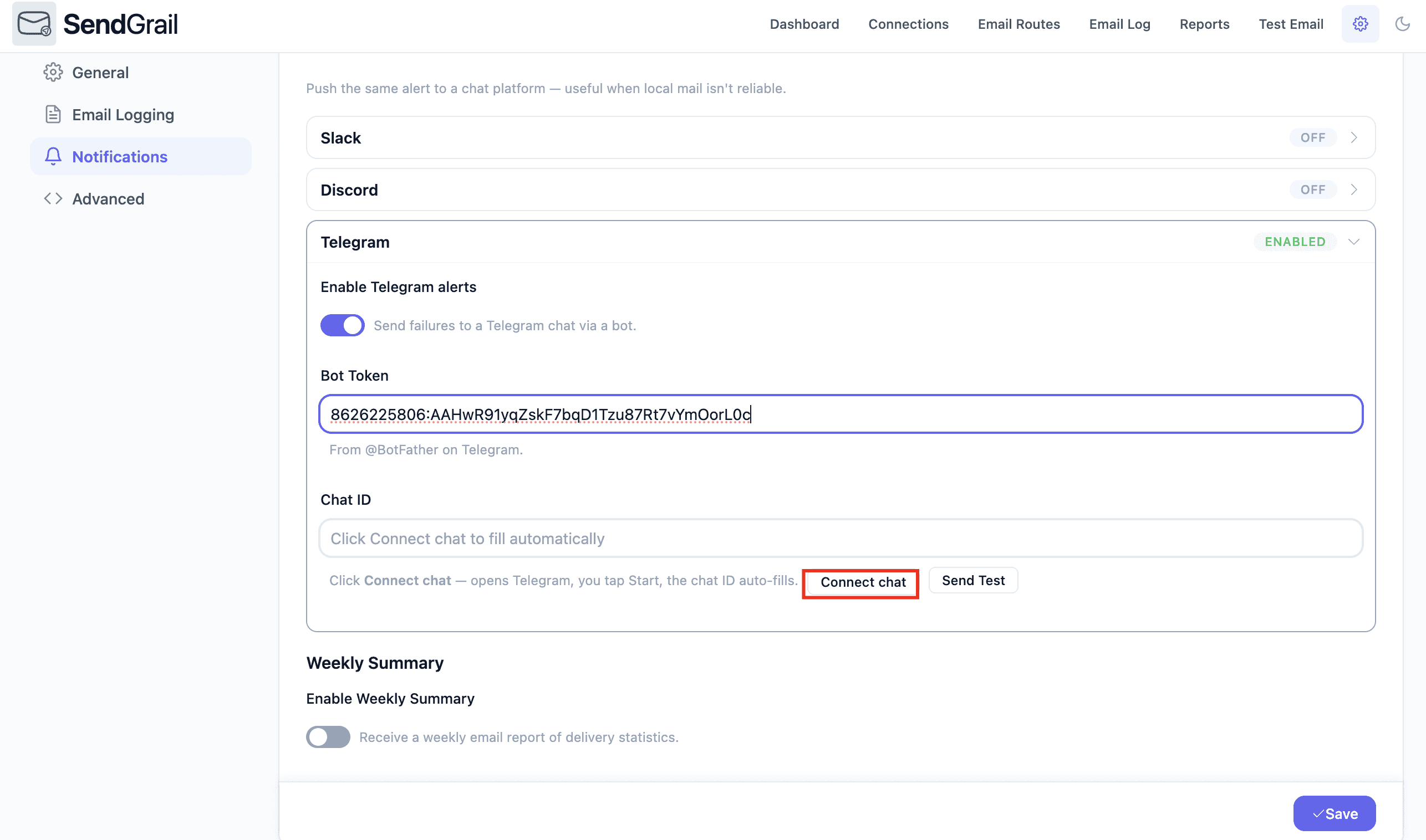 SendGrail Telegram section — Connect chat